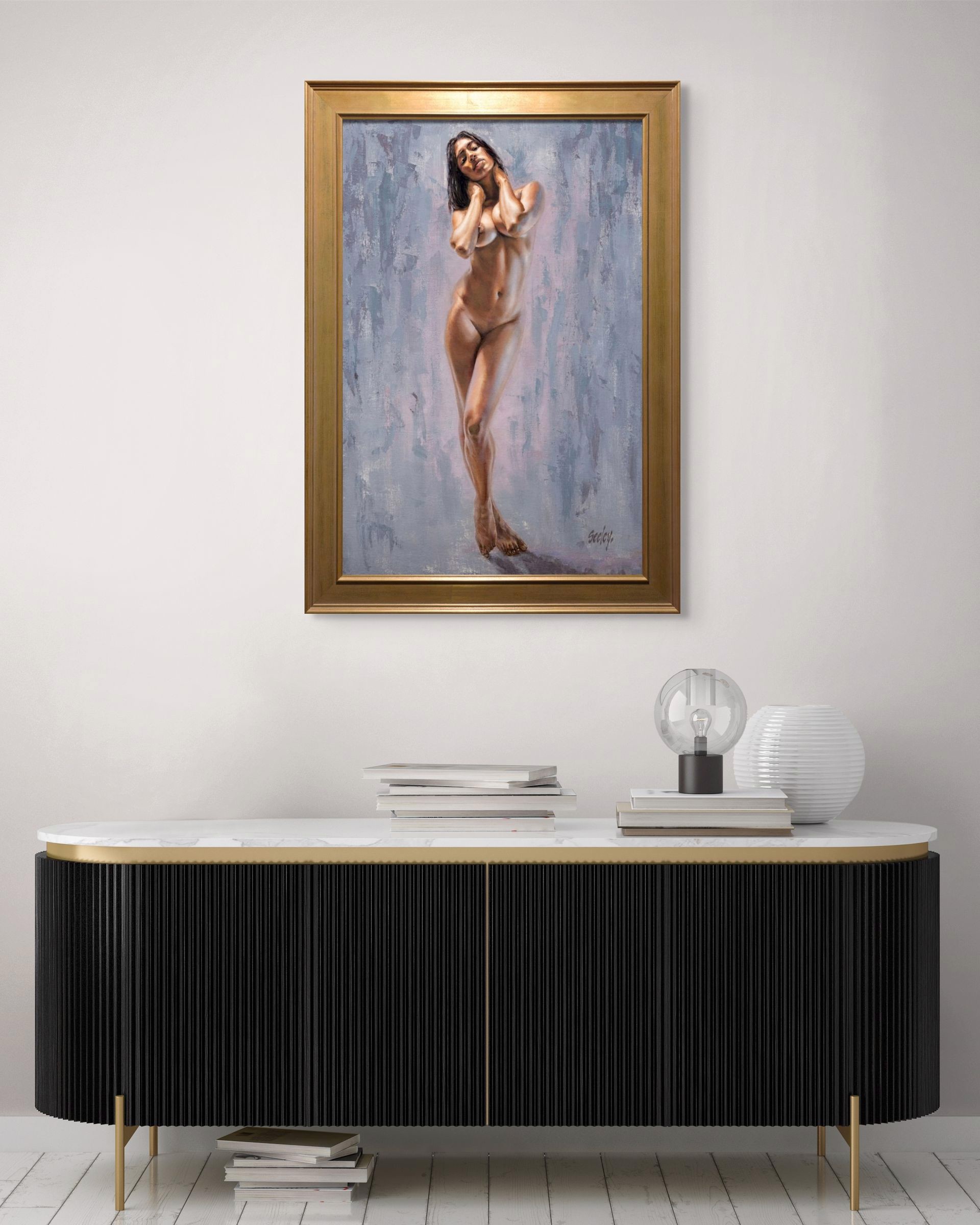A nude female figure stands in a poised, confident pose against an abstract textured background.