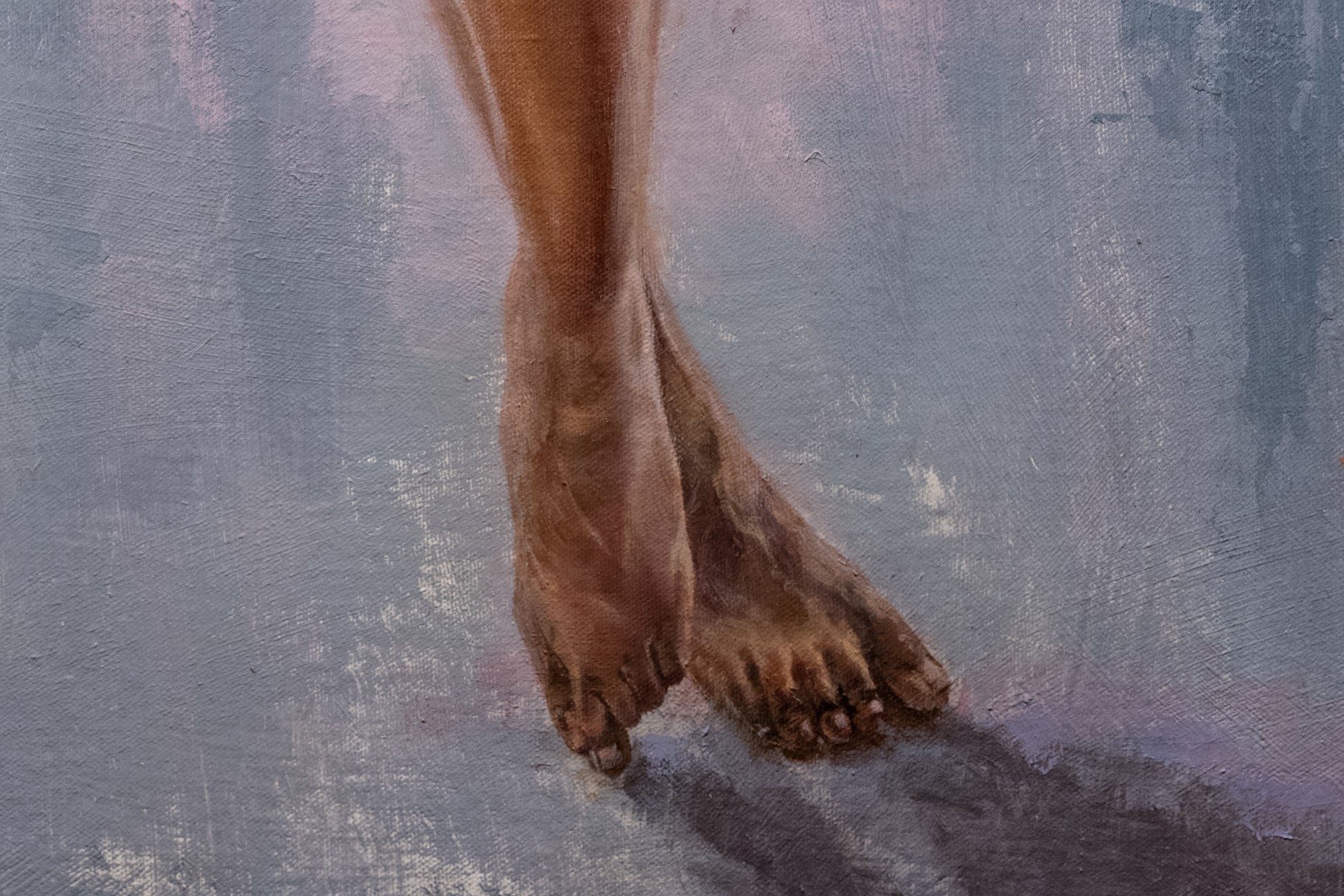 A nude female figure stands in a poised, confident pose against an abstract textured background.