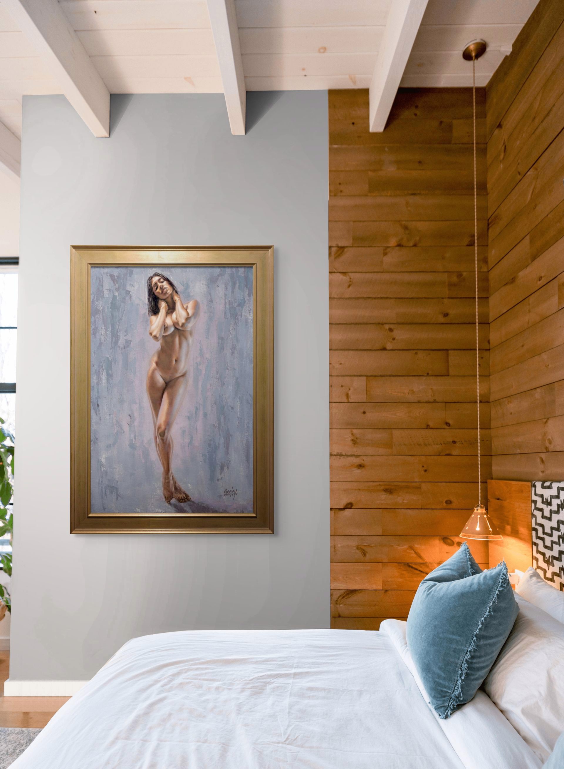 A nude female figure stands in a poised, confident pose against an abstract textured background.