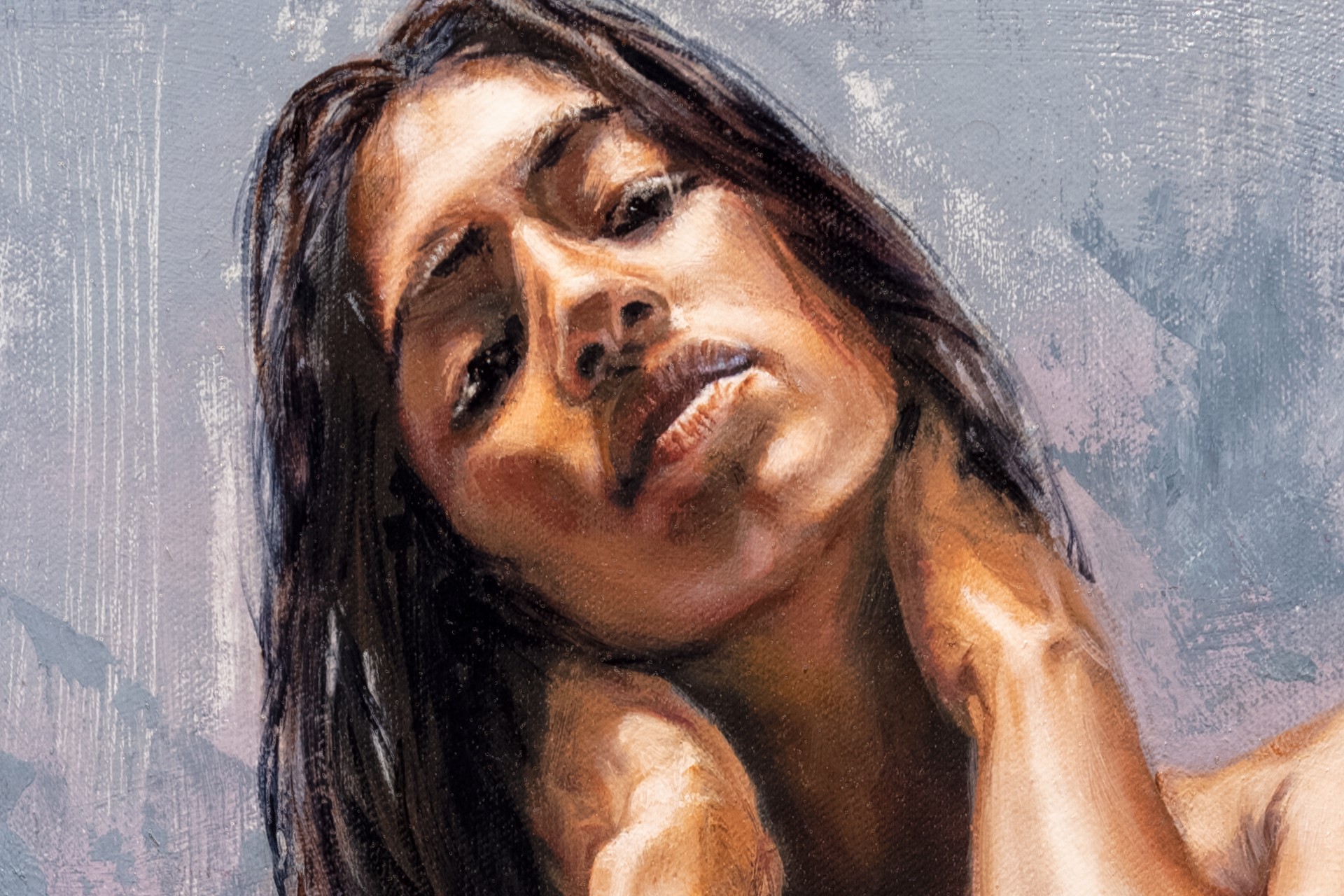 A nude female figure stands in a poised, confident pose against an abstract textured background.