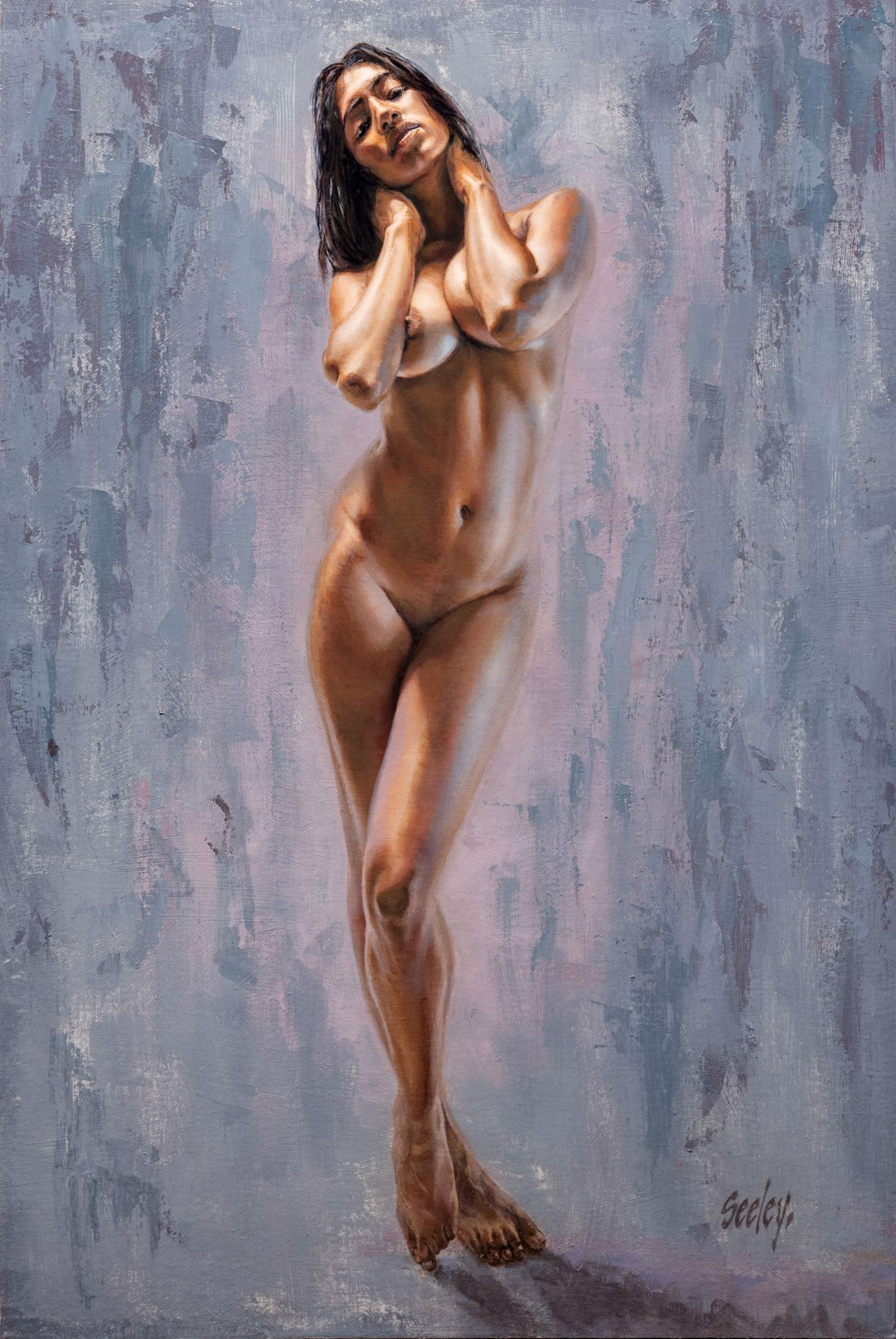A nude female figure stands in a poised, confident pose against an abstract textured background.