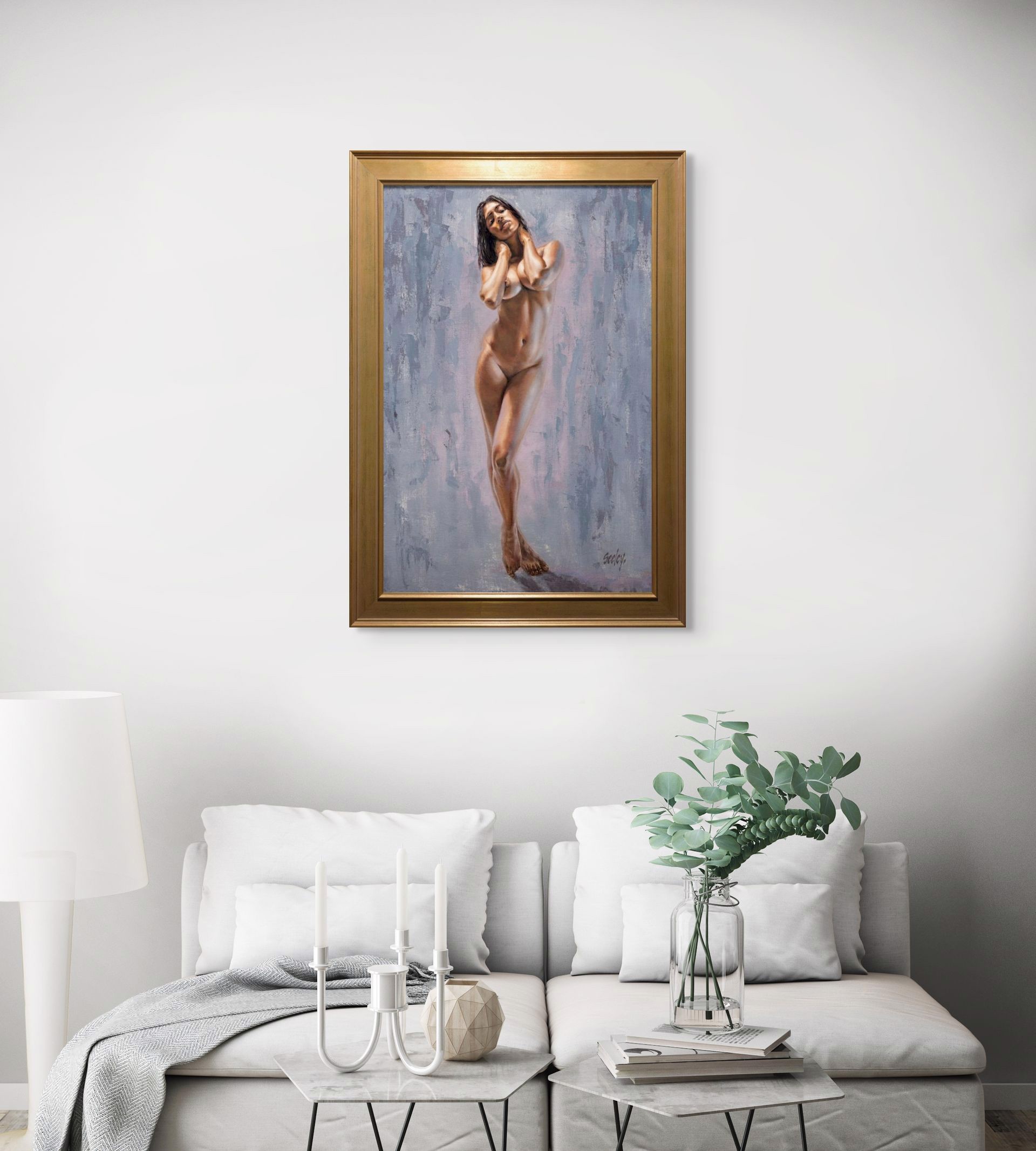 A nude female figure stands in a poised, confident pose against an abstract textured background.