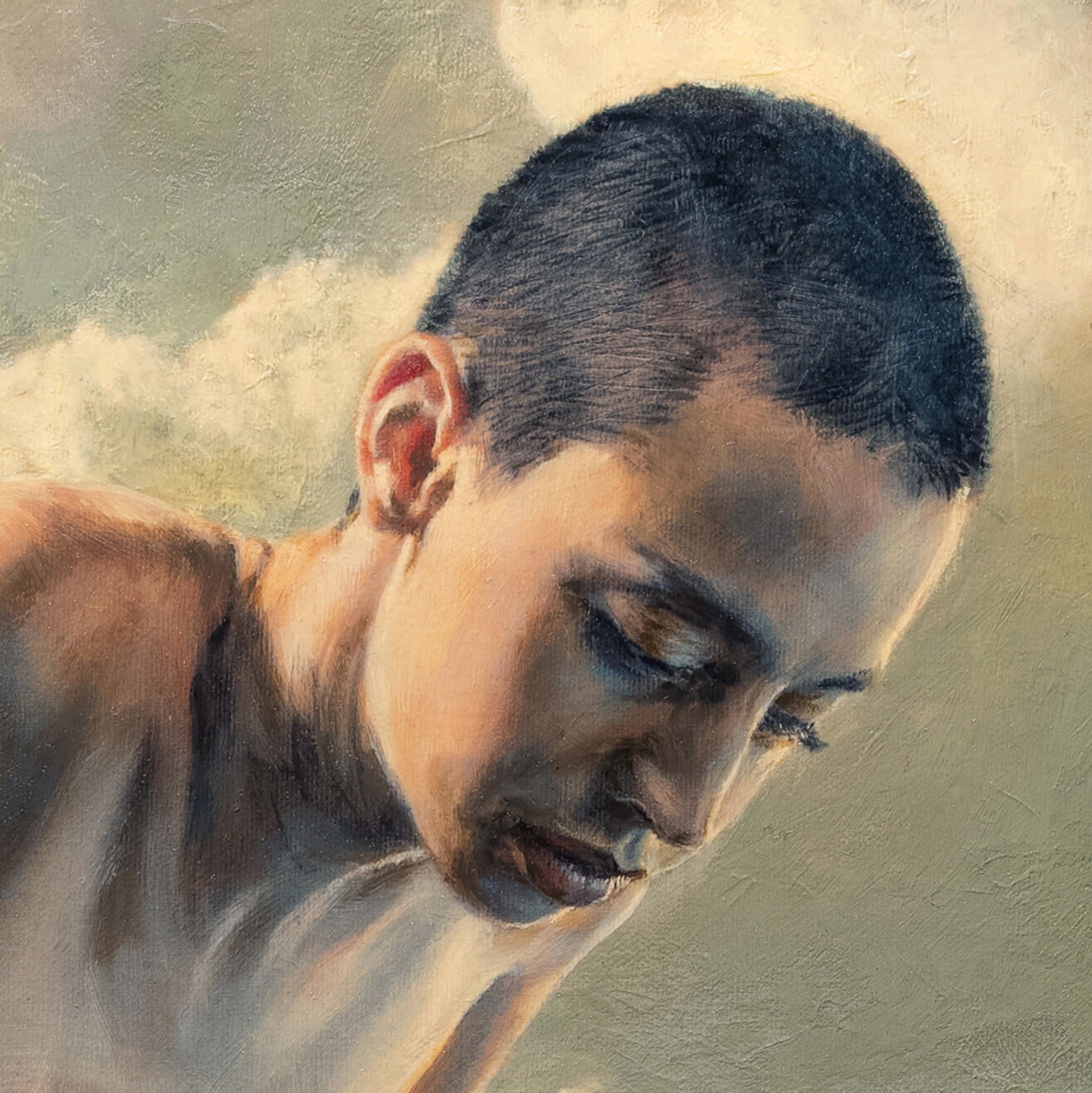 A painting of a man sitting on top of a rock.