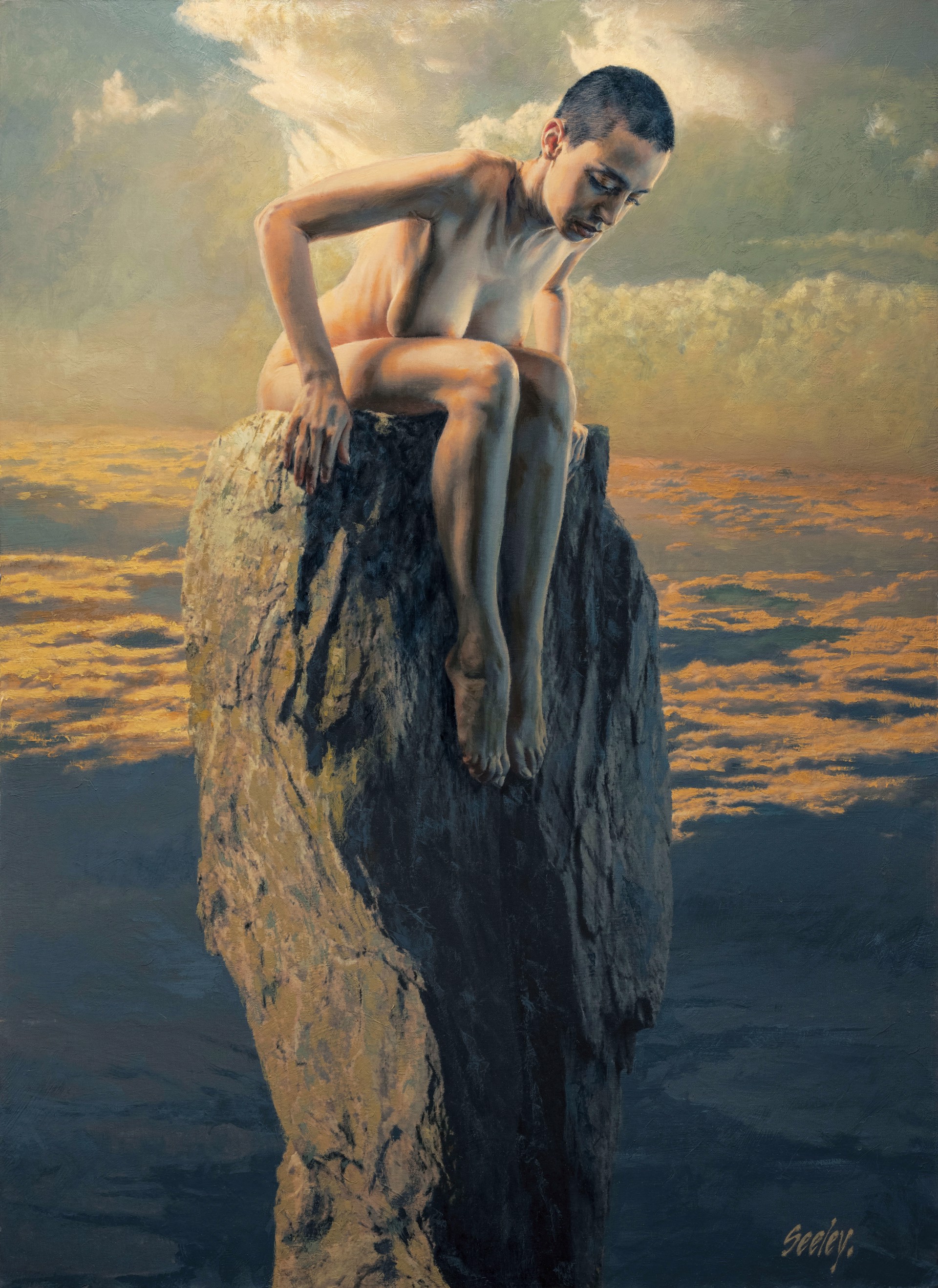 A painting of a man sitting on top of a rock.