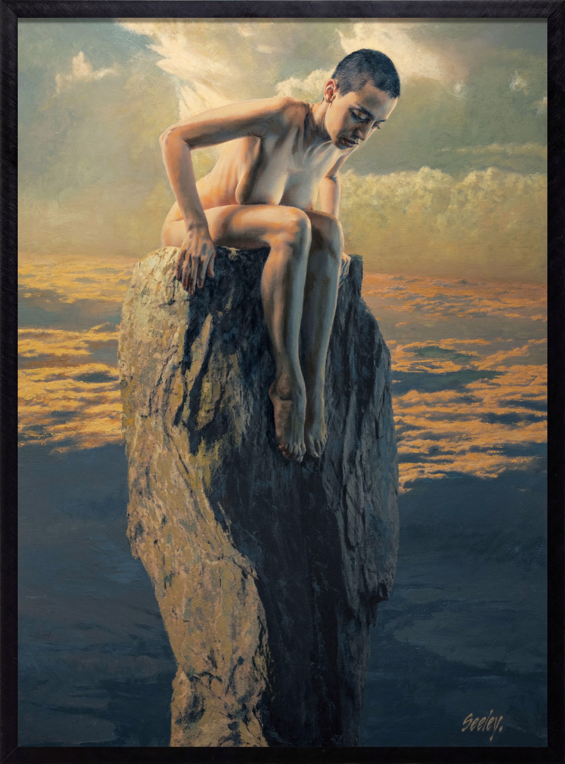 A painting of a man sitting on top of a rock.