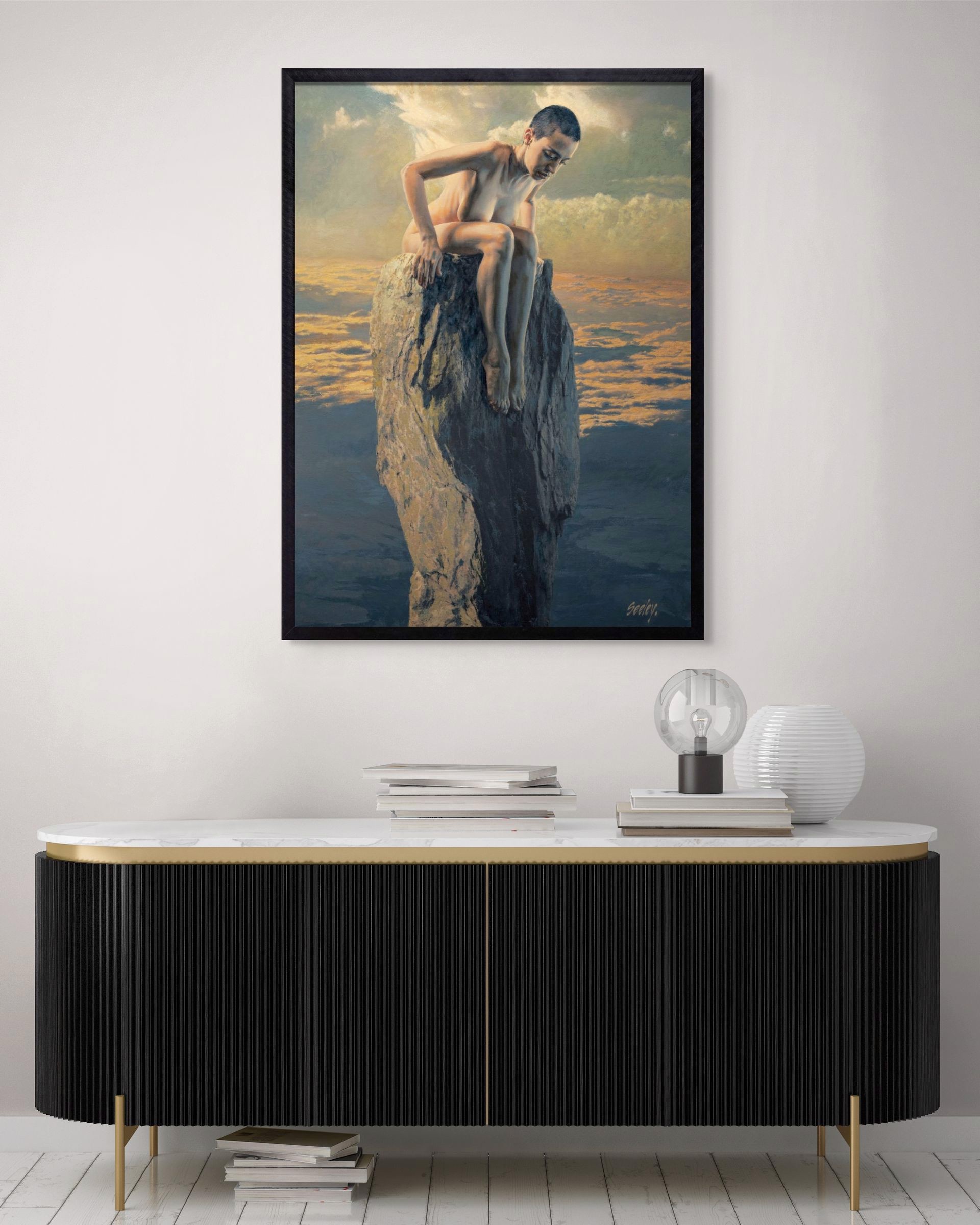 A painting of a man sitting on top of a rock.