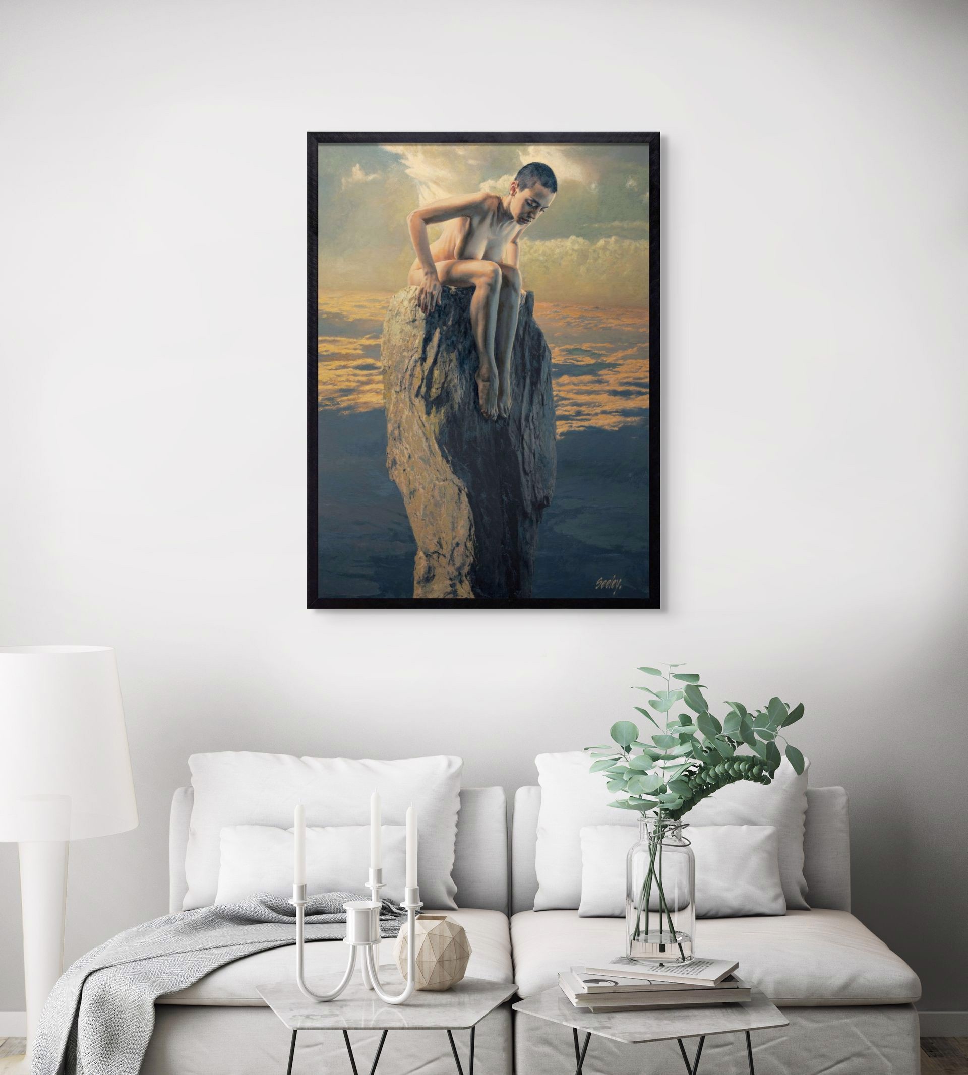 A painting of a man sitting on top of a rock.