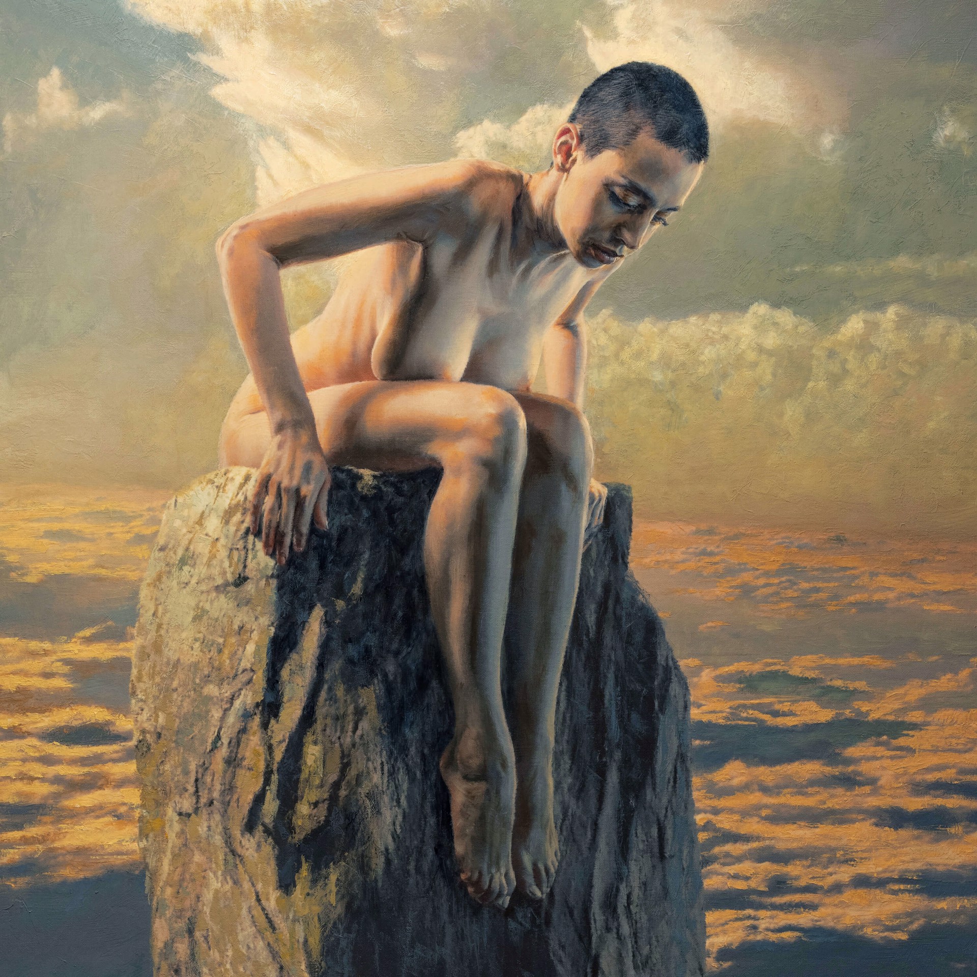 A painting of a man sitting on top of a rock.