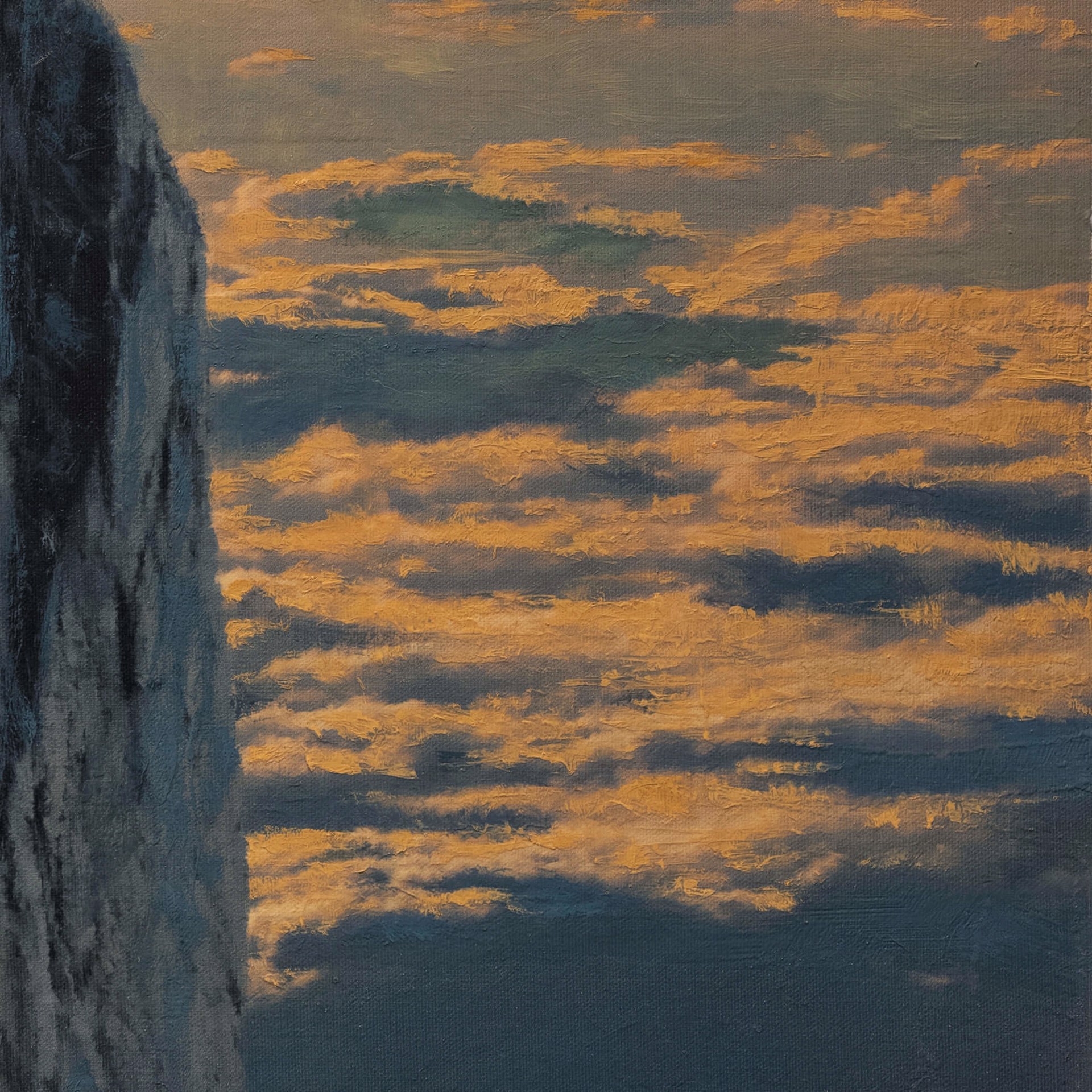A painting of a man sitting on top of a rock.