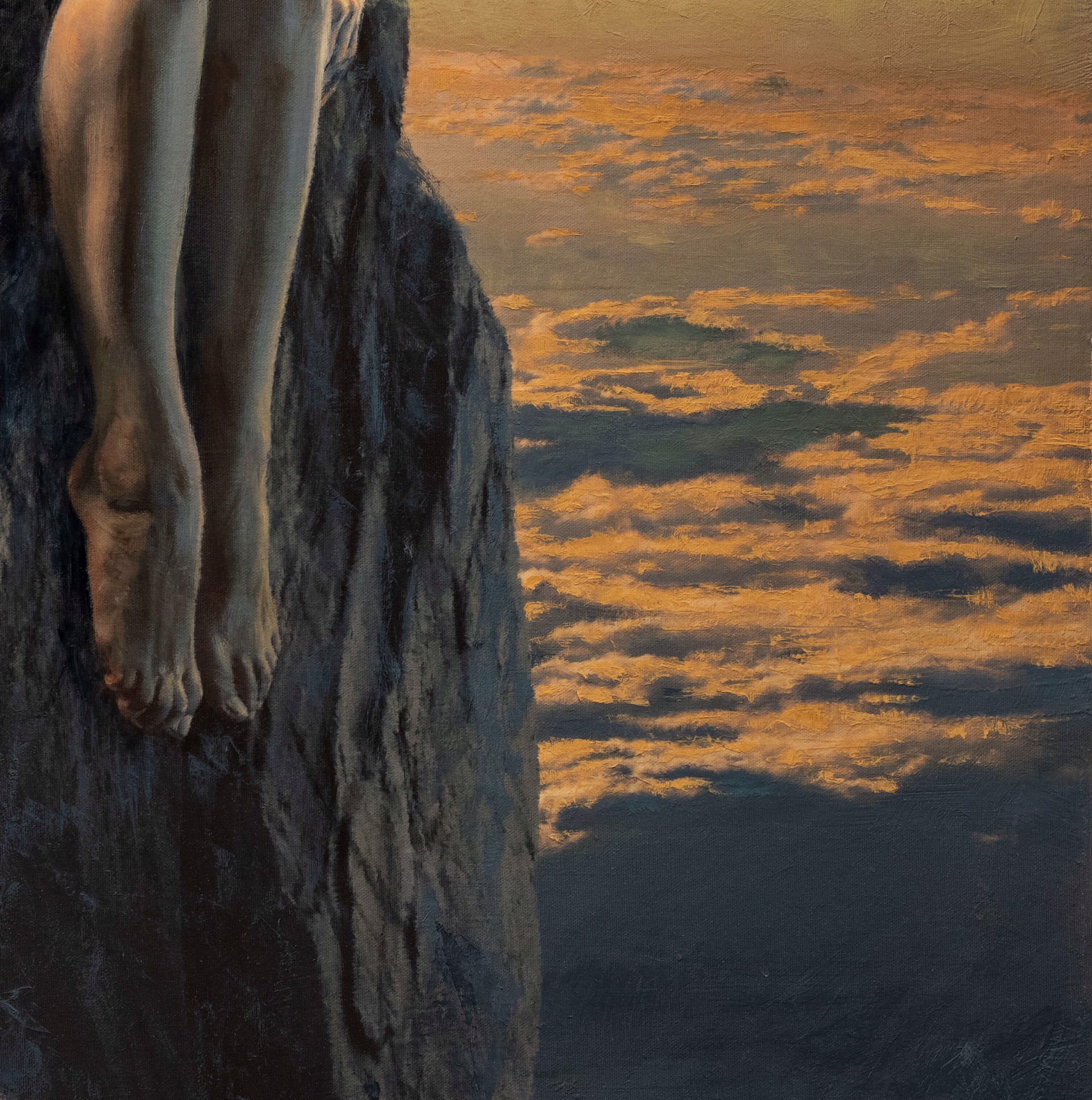 A painting of a man sitting on top of a rock.