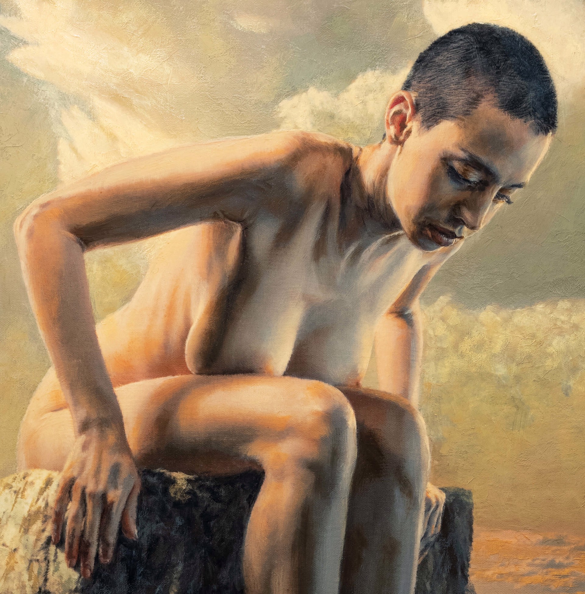 A painting of a man sitting on top of a rock.