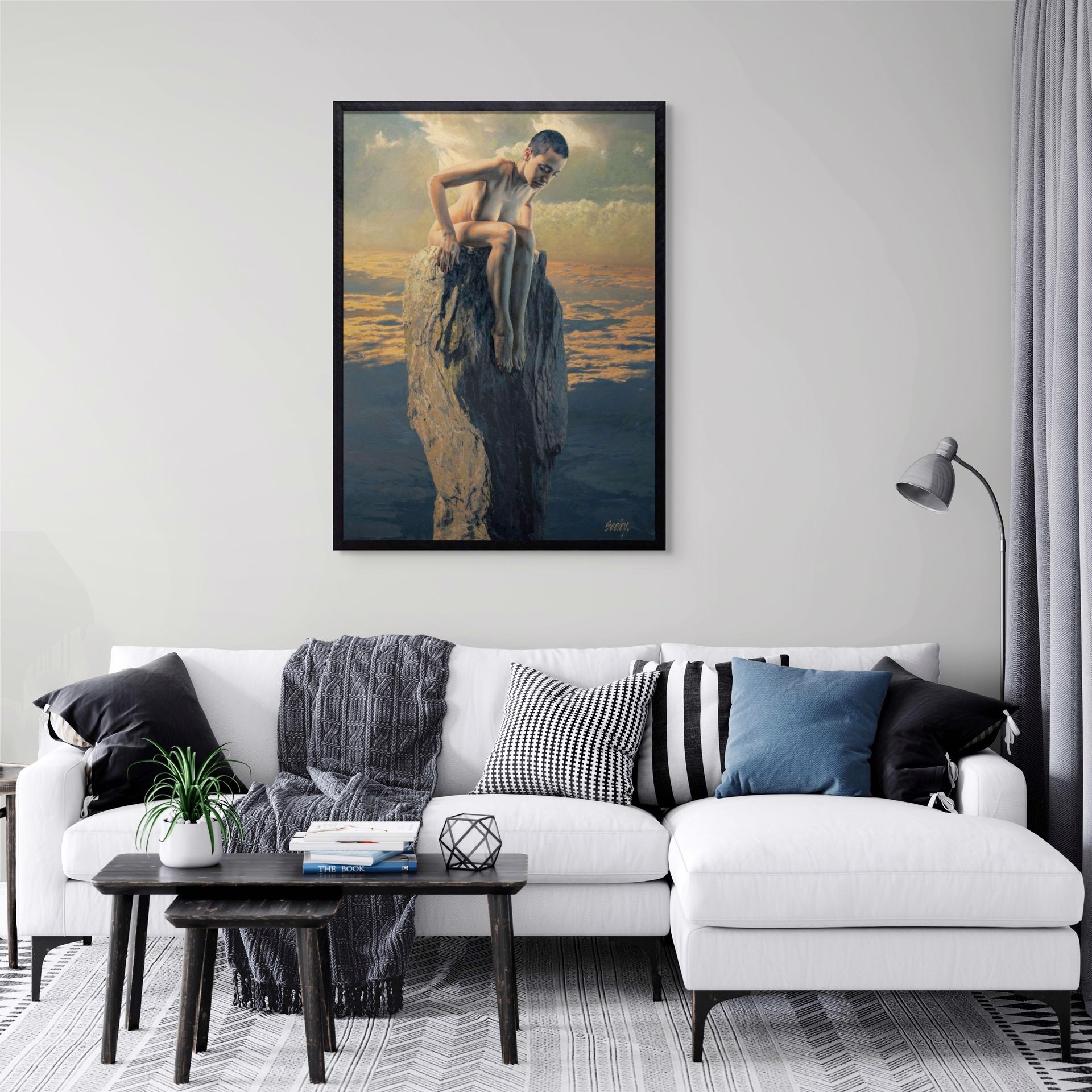 A painting of a man sitting on top of a rock.
