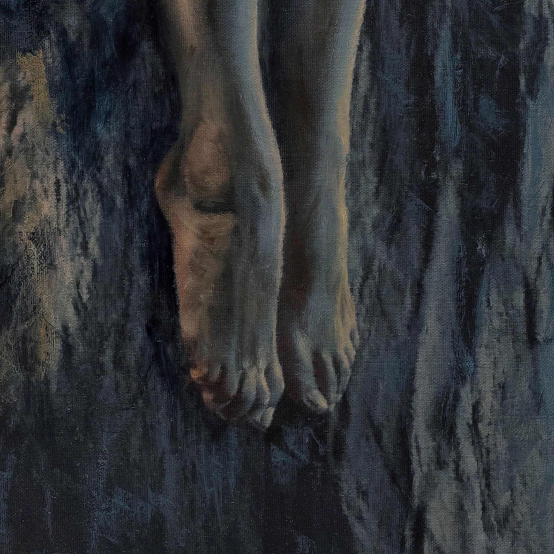 A painting of a man sitting on top of a rock.