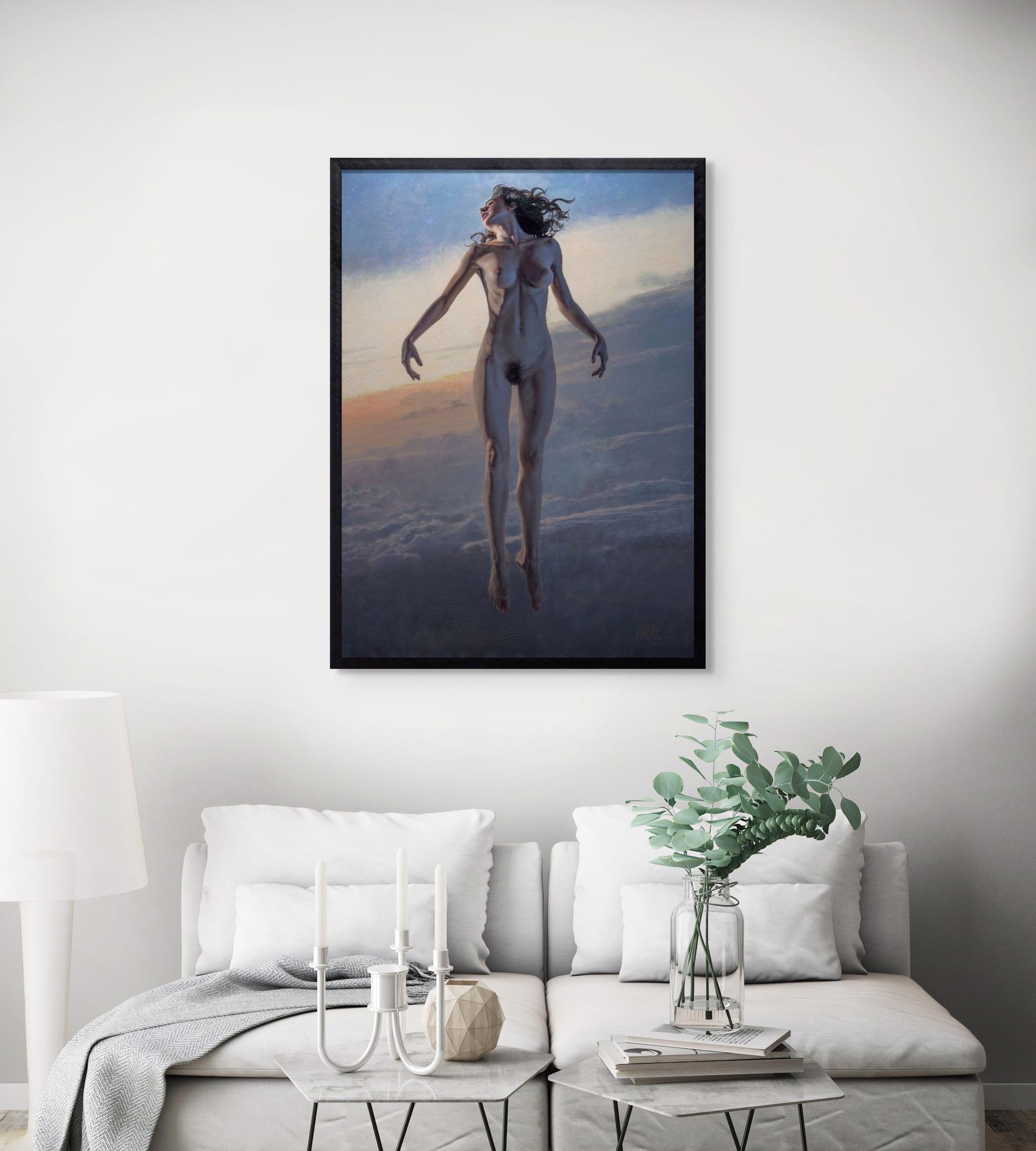 A painting of a nude woman floating in the sky.