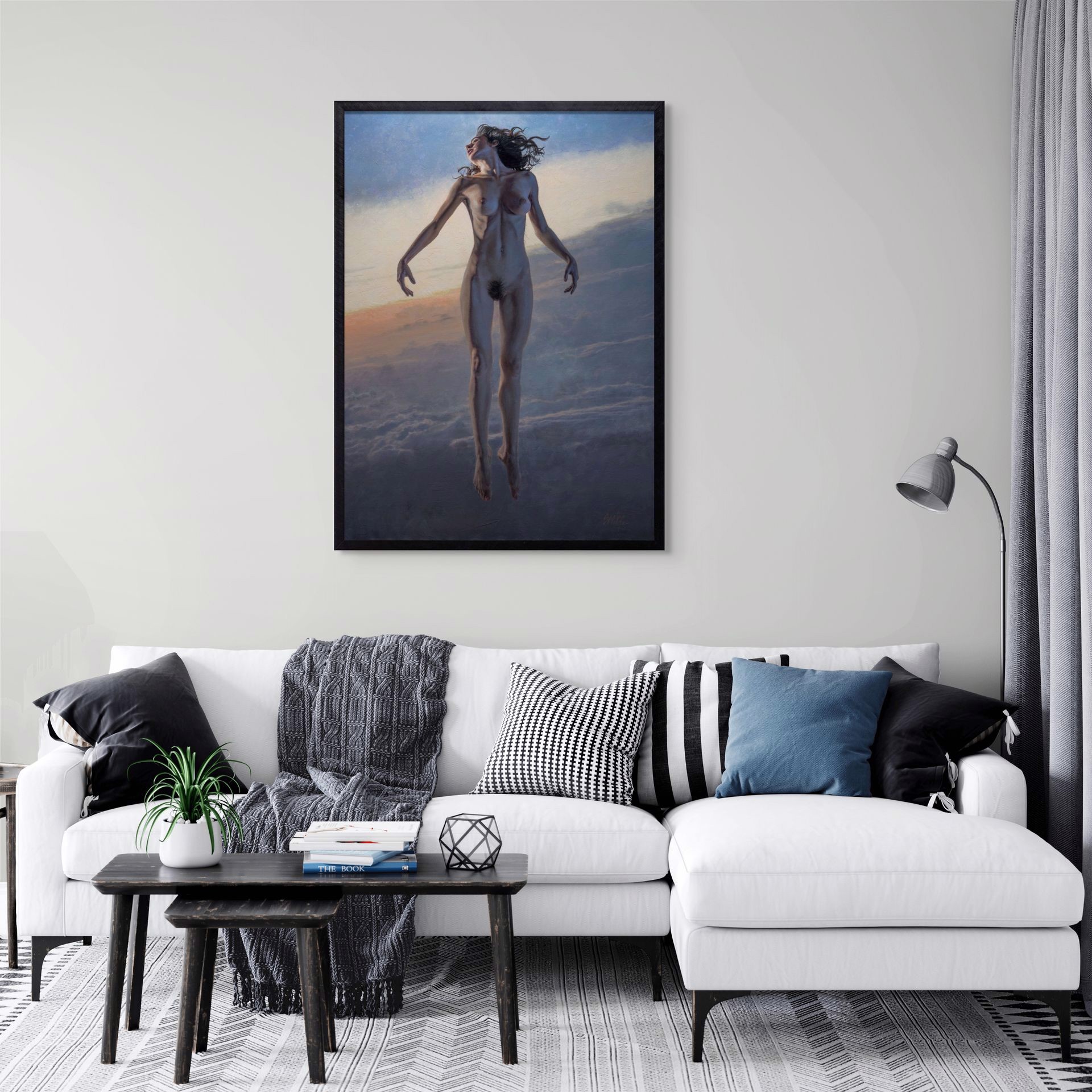 A painting of a nude woman floating in the sky.
