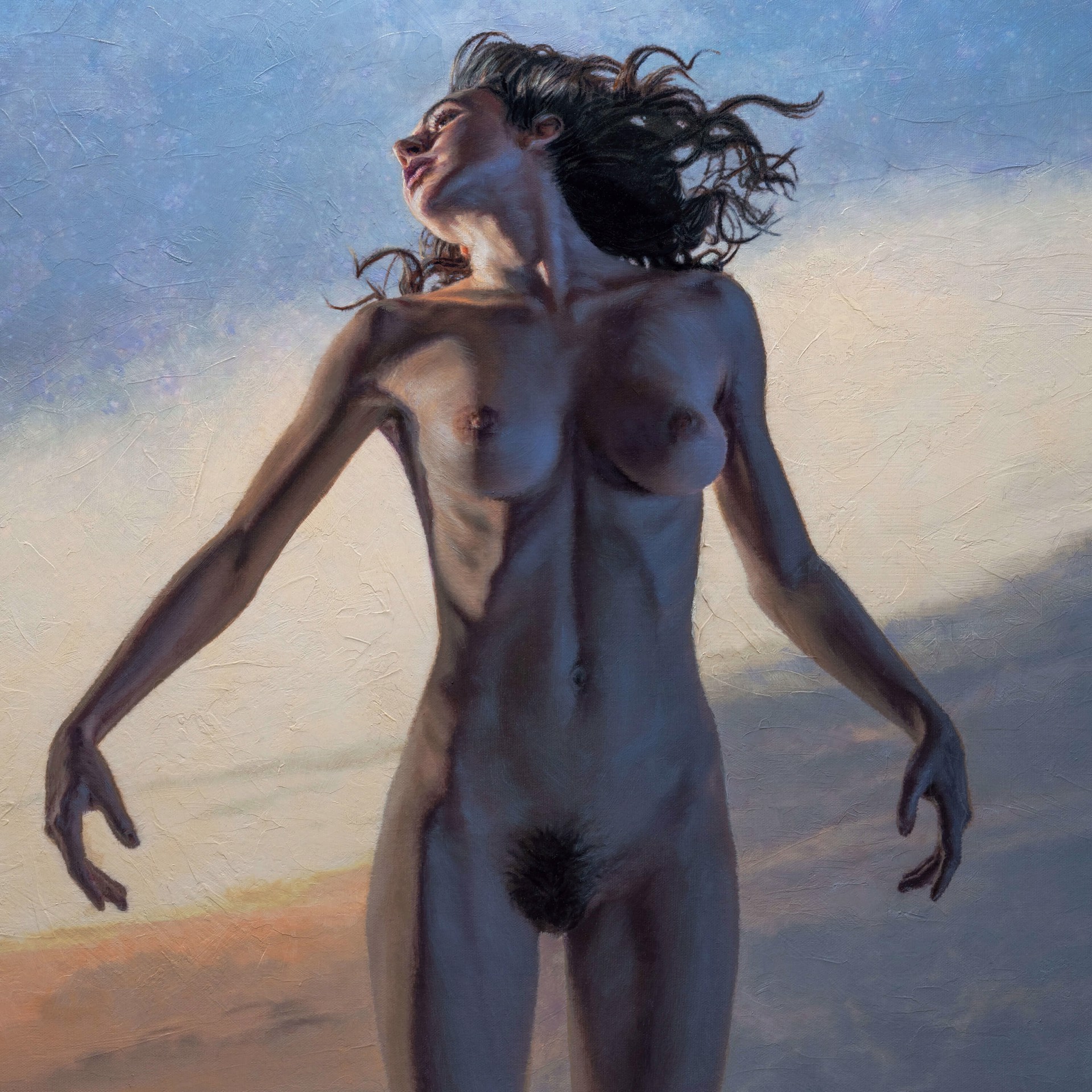 A painting of a nude woman floating in the sky.