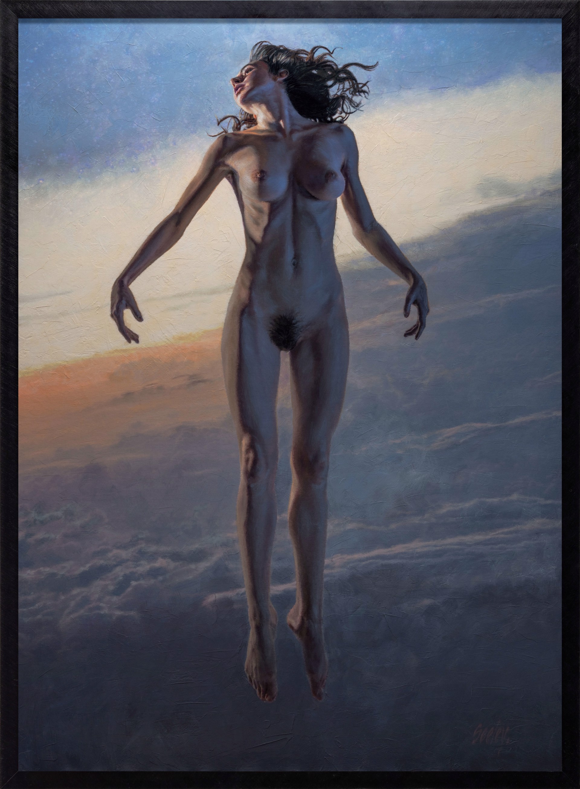 A painting of a nude woman floating in the sky.