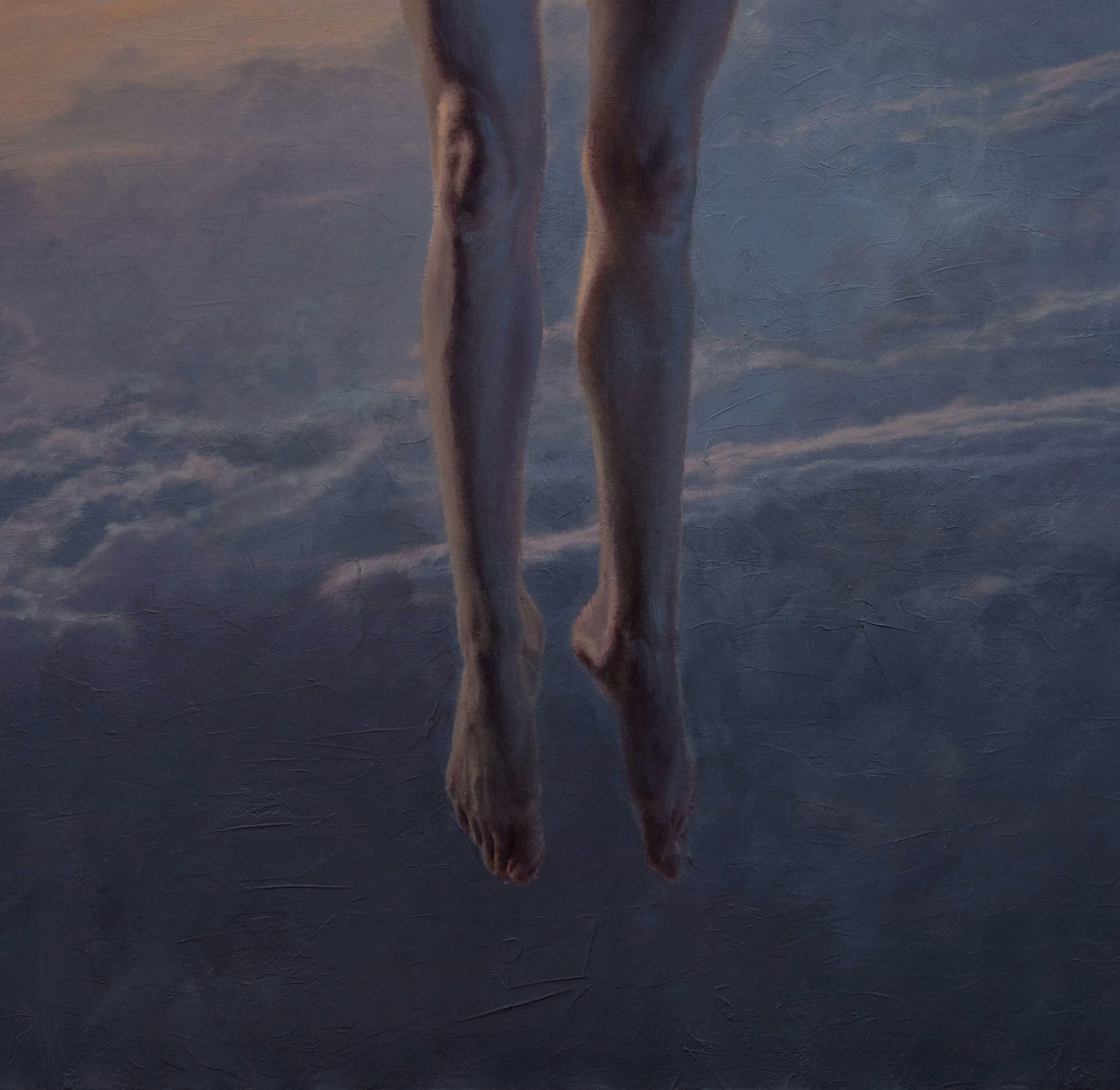 A painting of a nude woman floating in the sky.
