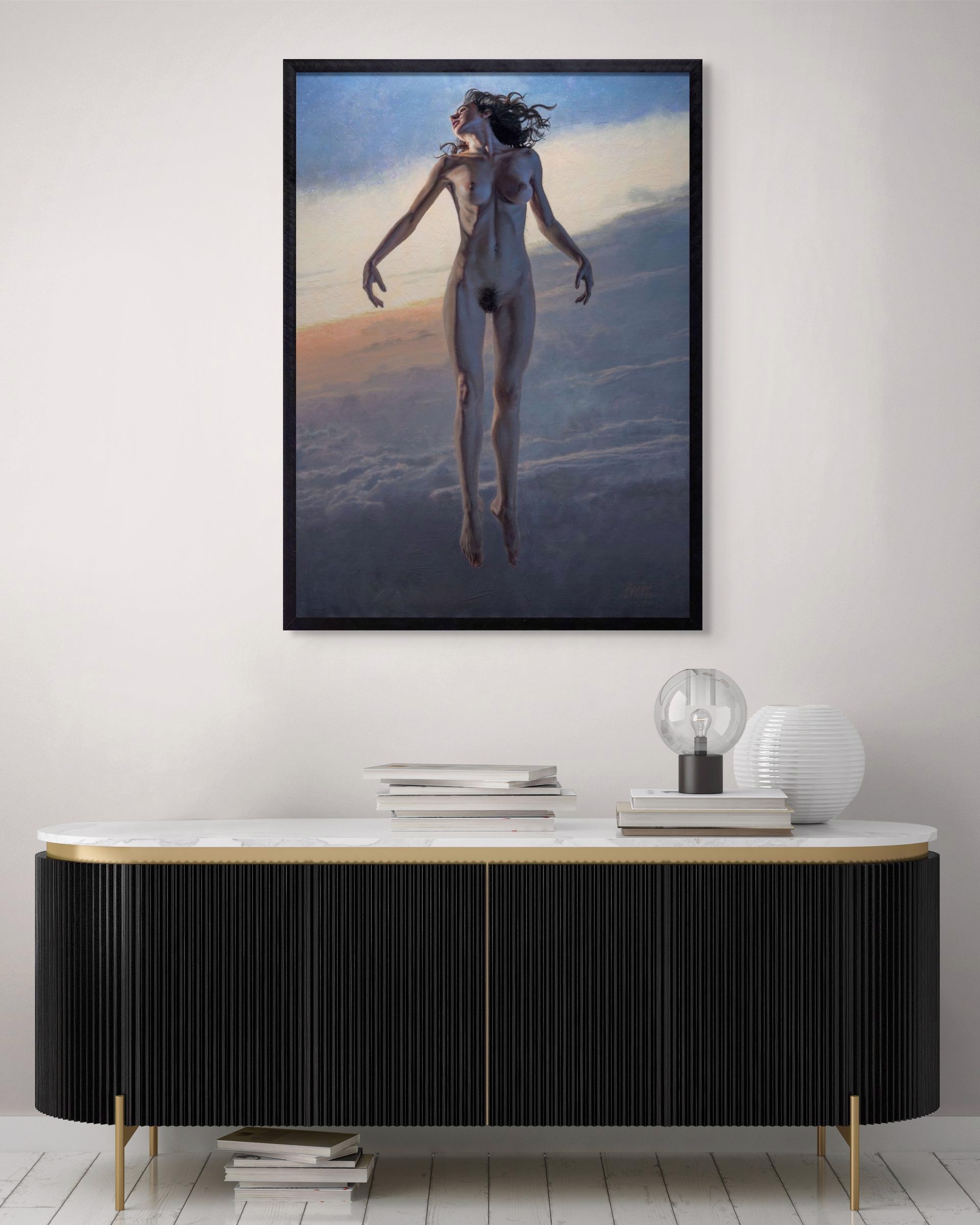 A painting of a nude woman floating in the sky.