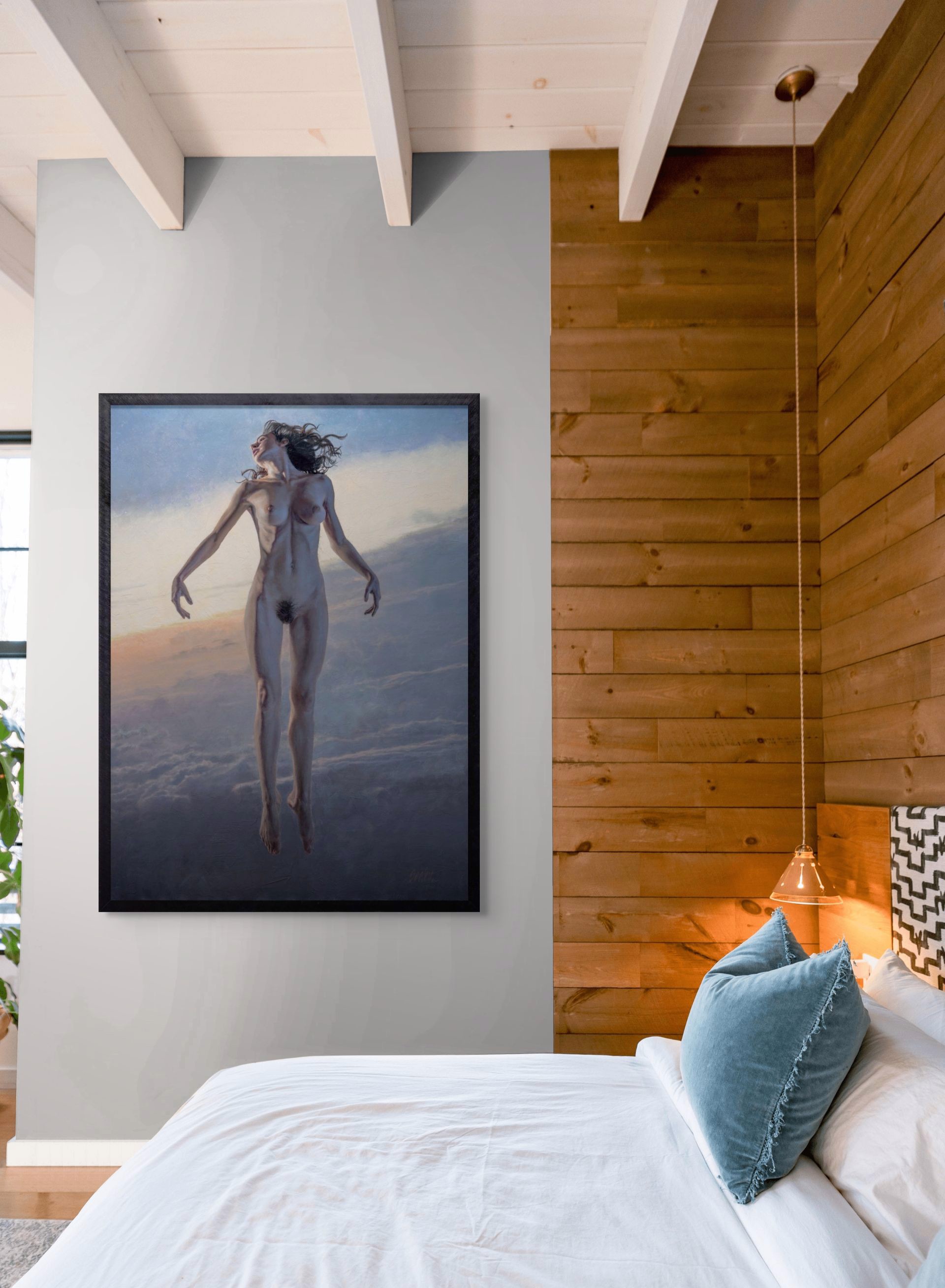 A painting of a nude woman floating in the sky.