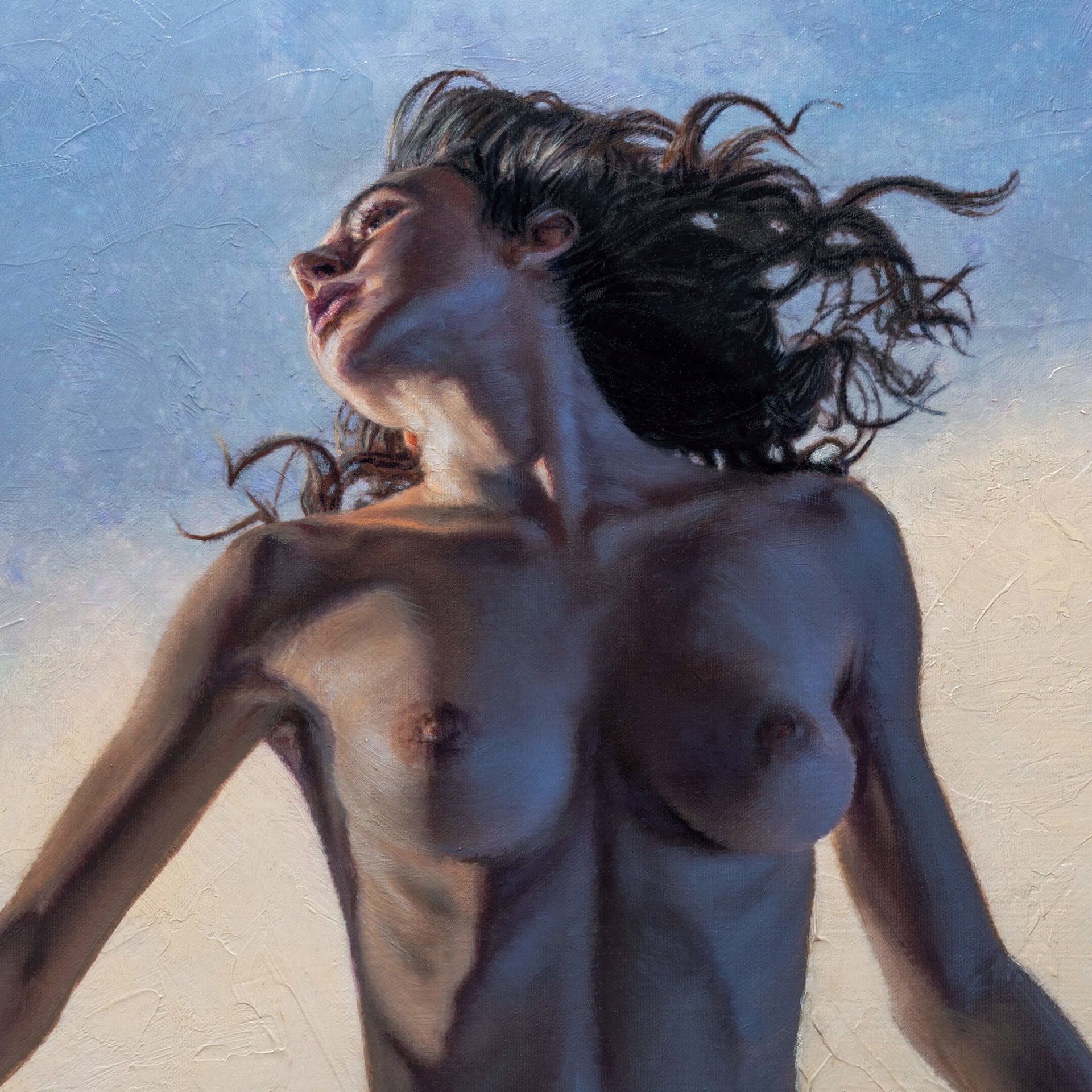 A painting of a nude woman floating in the sky.