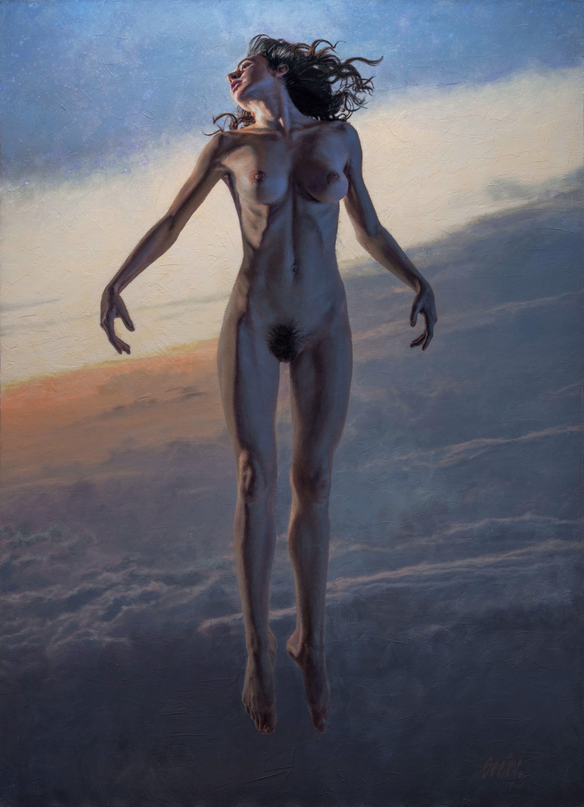 A painting of a nude woman floating in the sky.
