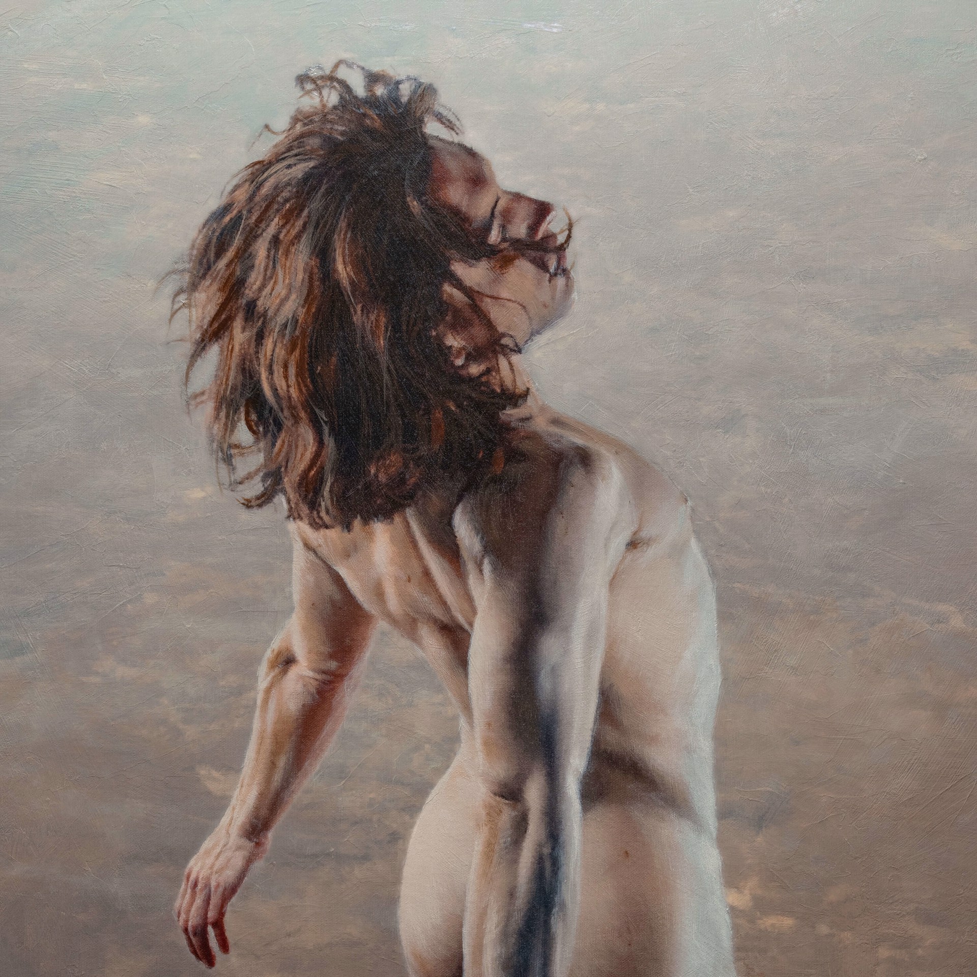 A painting of a naked man with long hair running in the air.