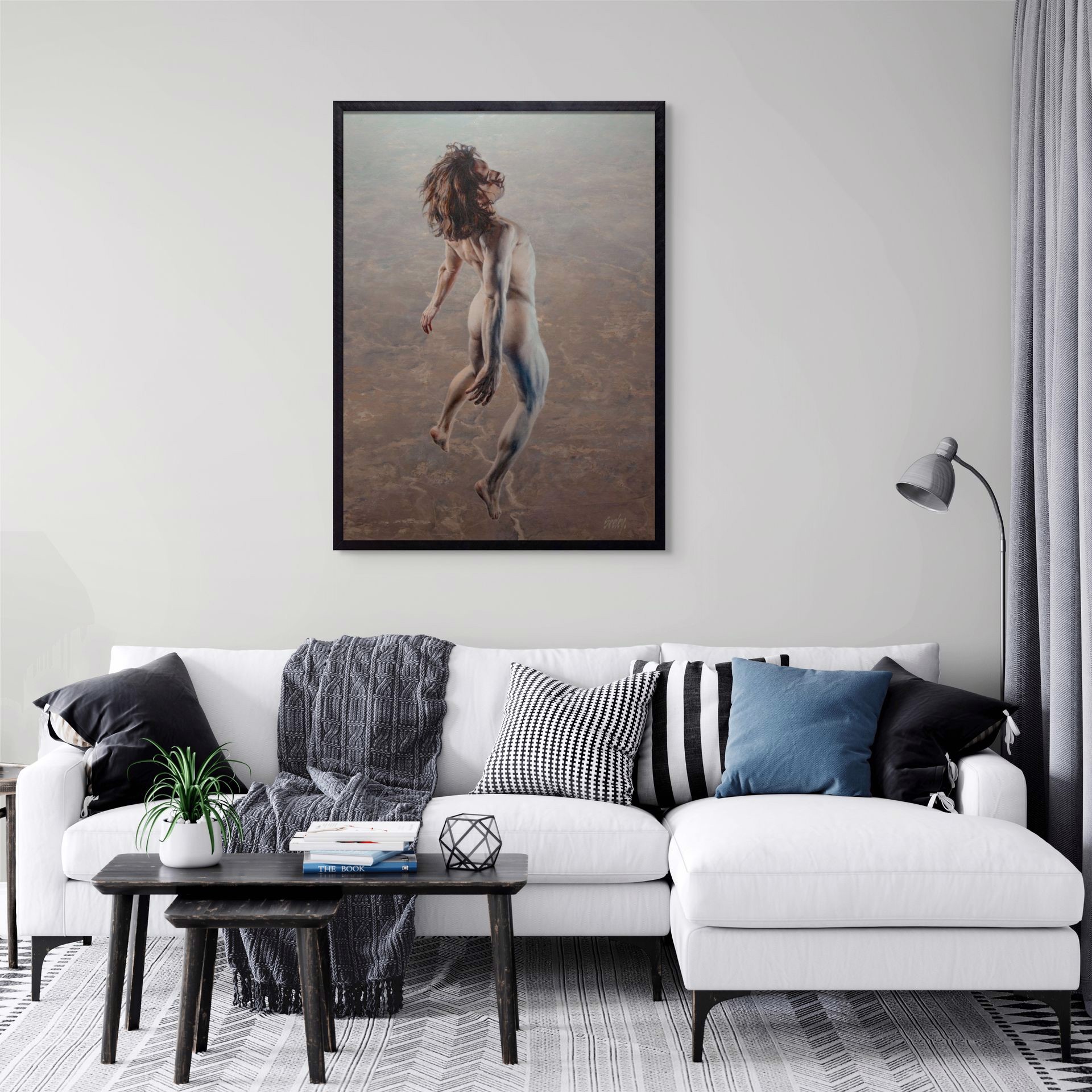 A painting of a naked man with long hair running in the air.