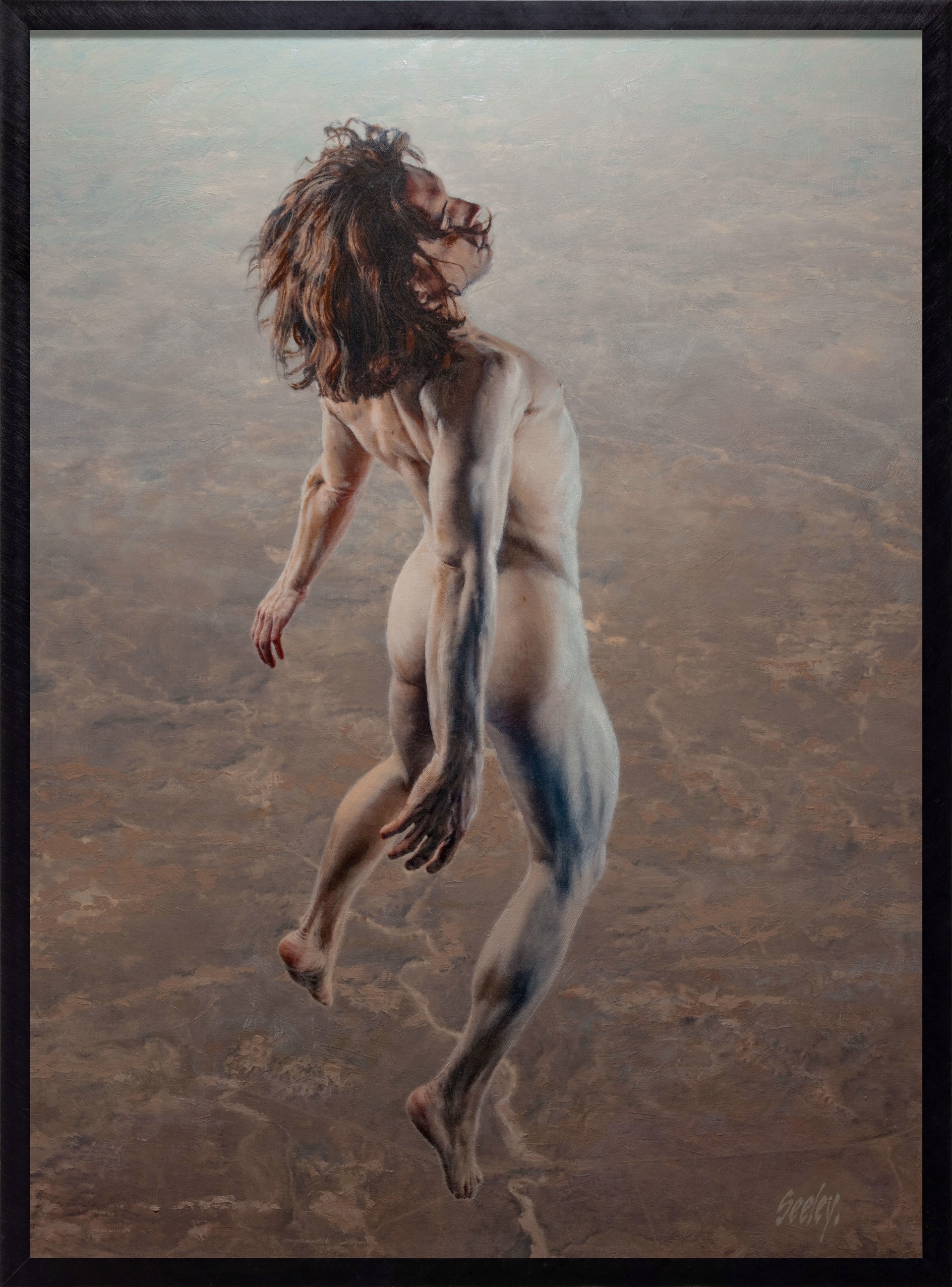 A painting of a naked man with long hair running in the air.