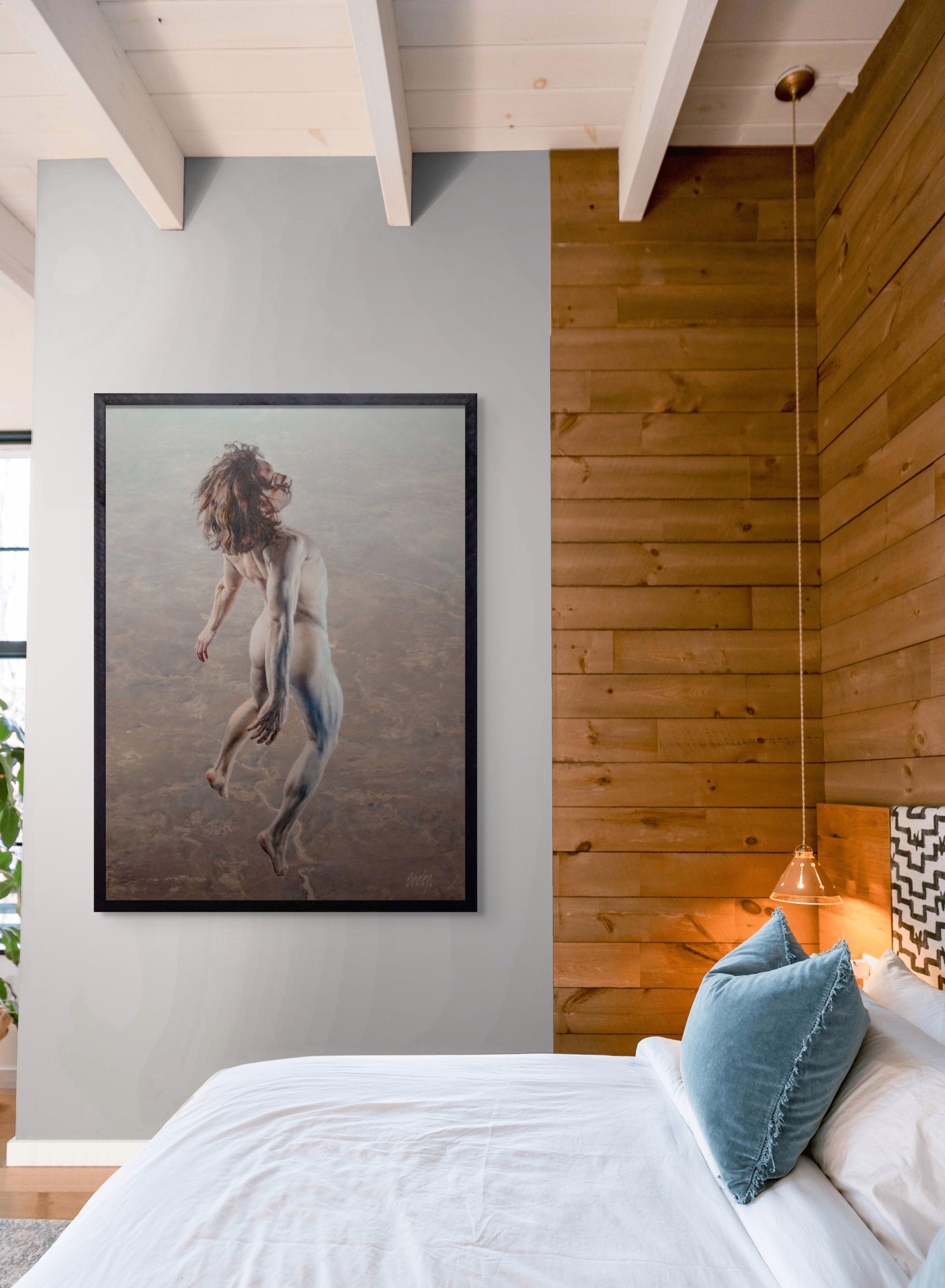 A painting of a naked man with long hair running in the air.