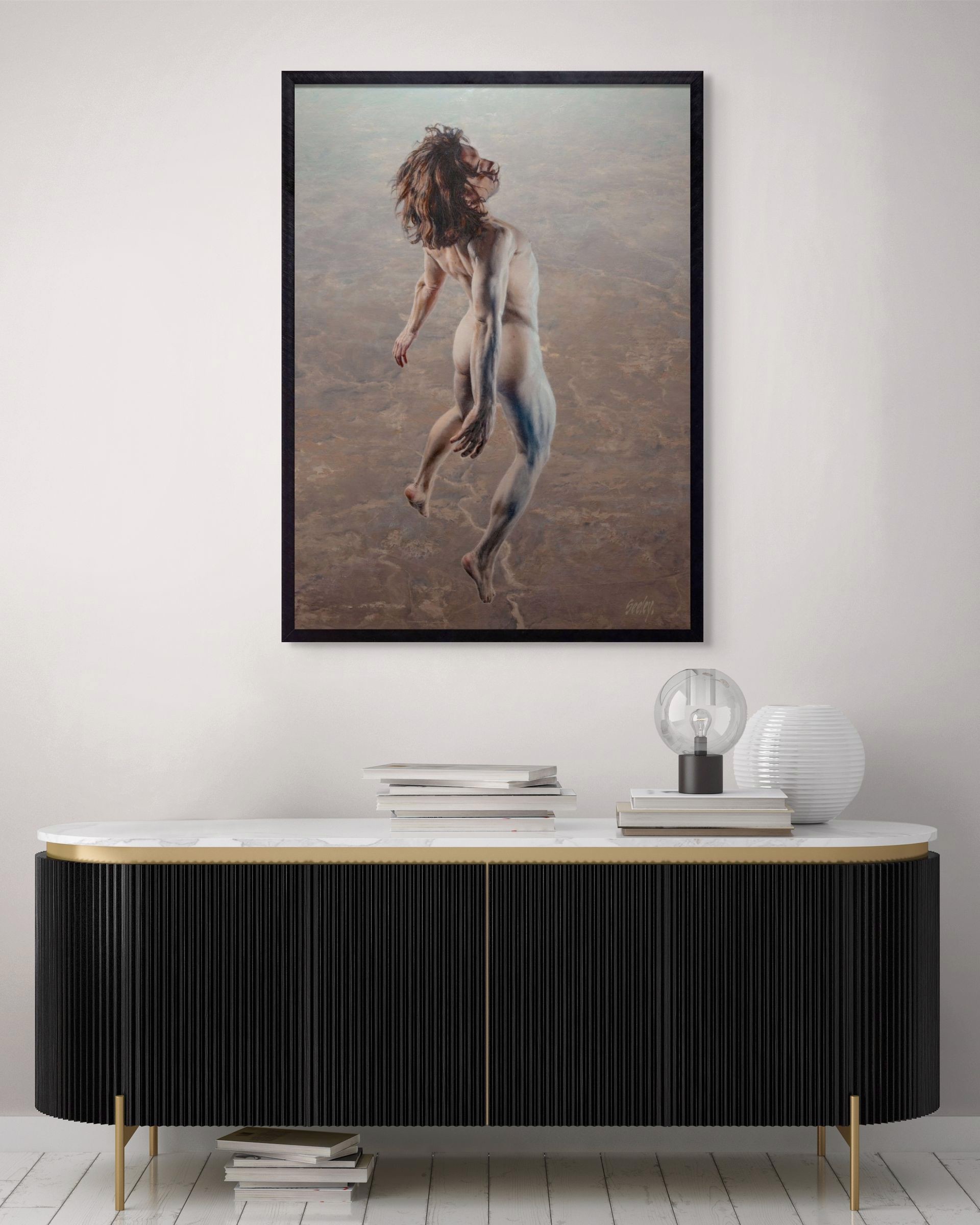 A painting of a naked man with long hair running in the air.