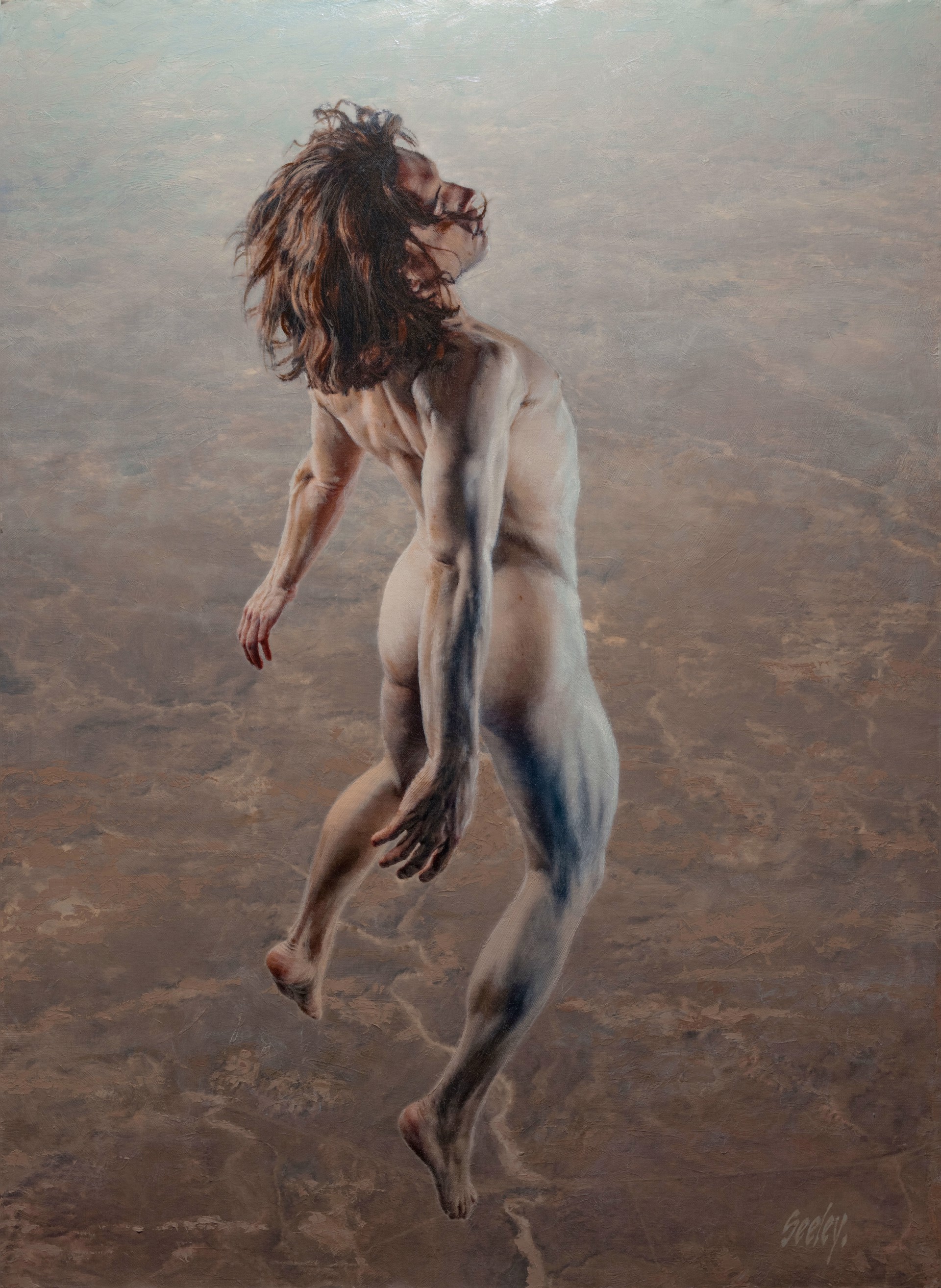 A painting of a naked man with long hair running in the air.