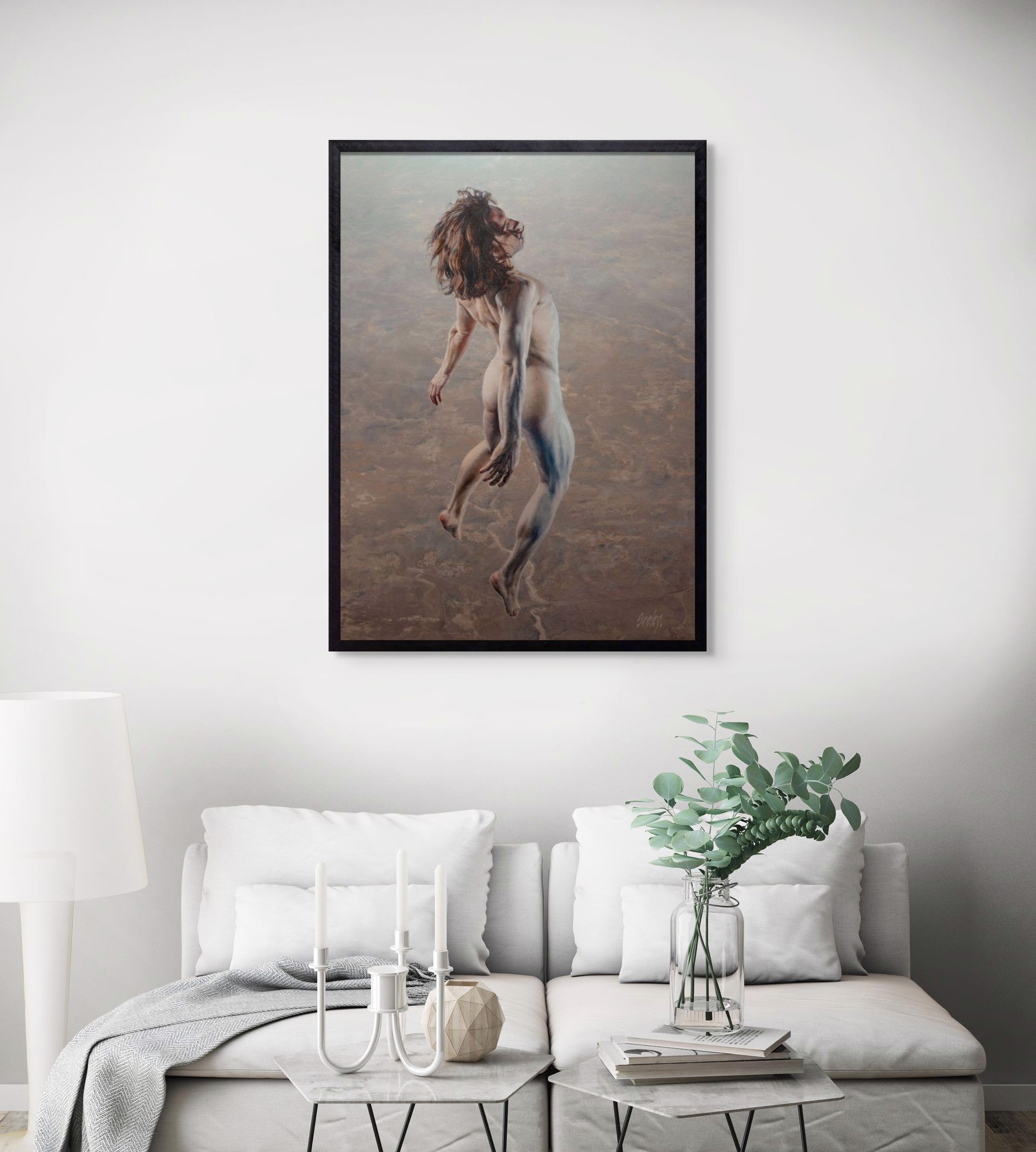 A painting of a naked man with long hair running in the air.