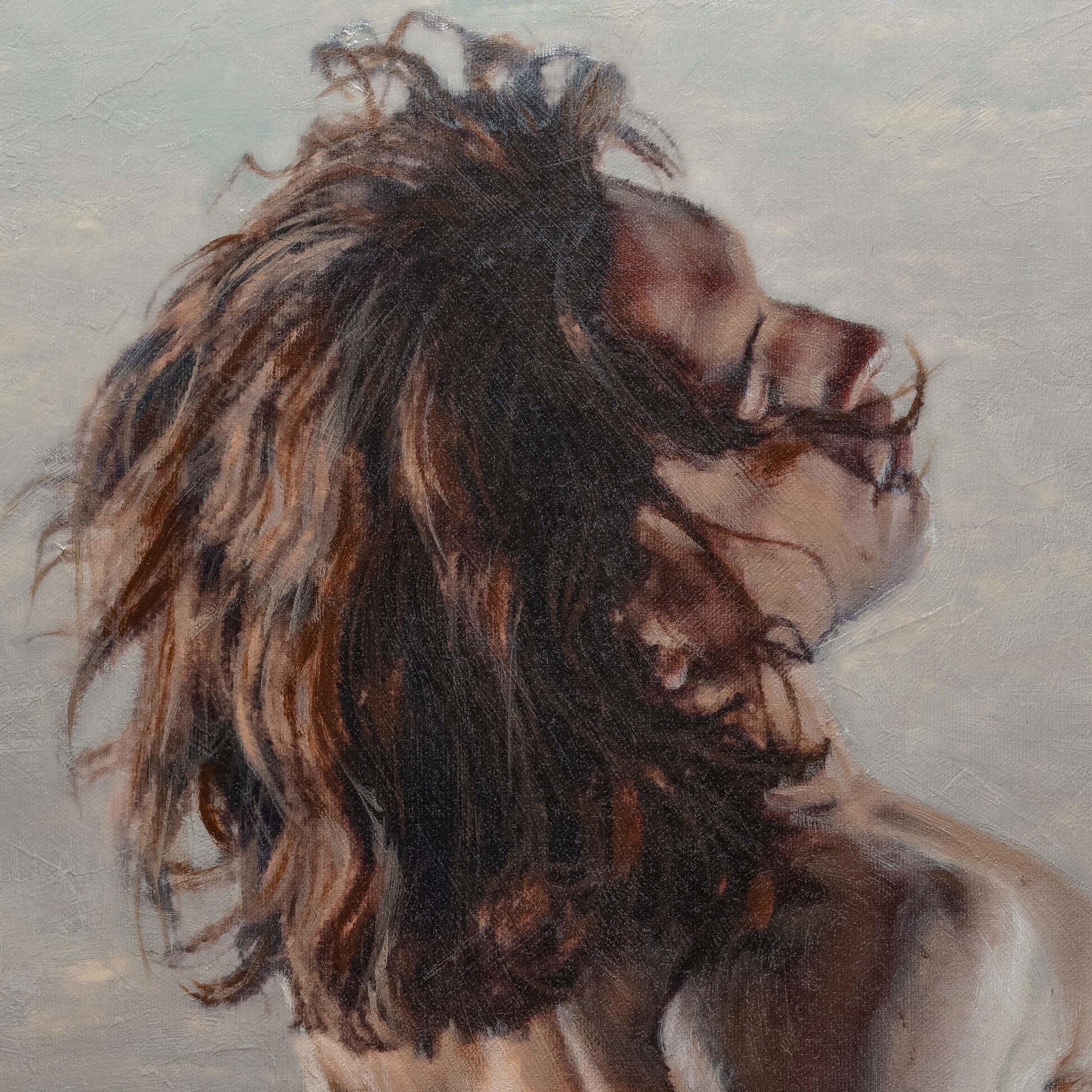 A painting of a naked man with long hair running in the air.