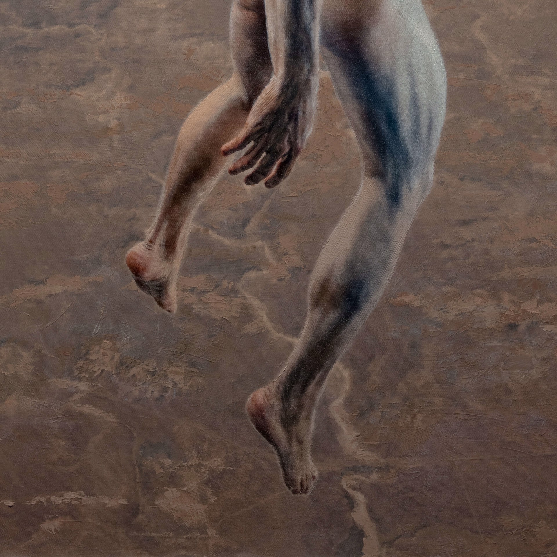A painting of a naked man with long hair running in the air.