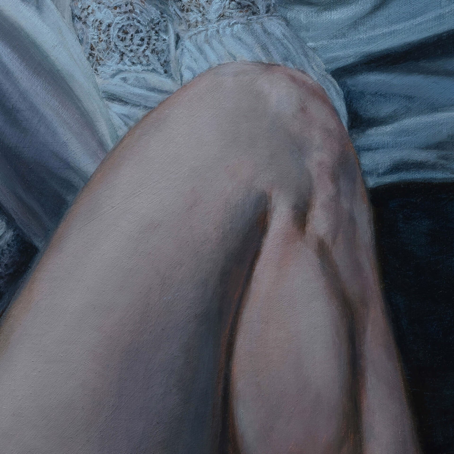 A painting of a woman laying on a bed covered in a sheet.
