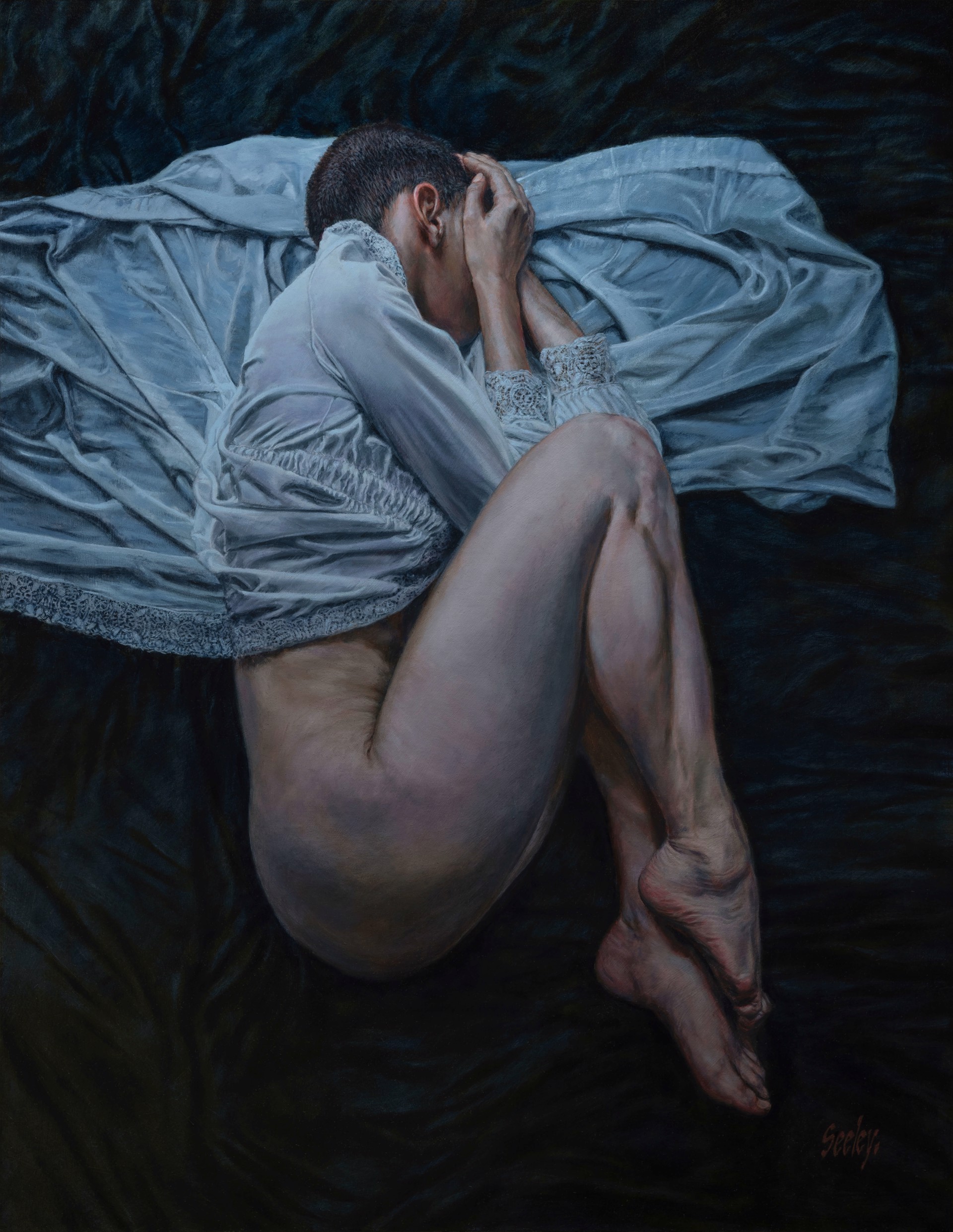 A painting of a woman laying on a bed covered in a sheet.