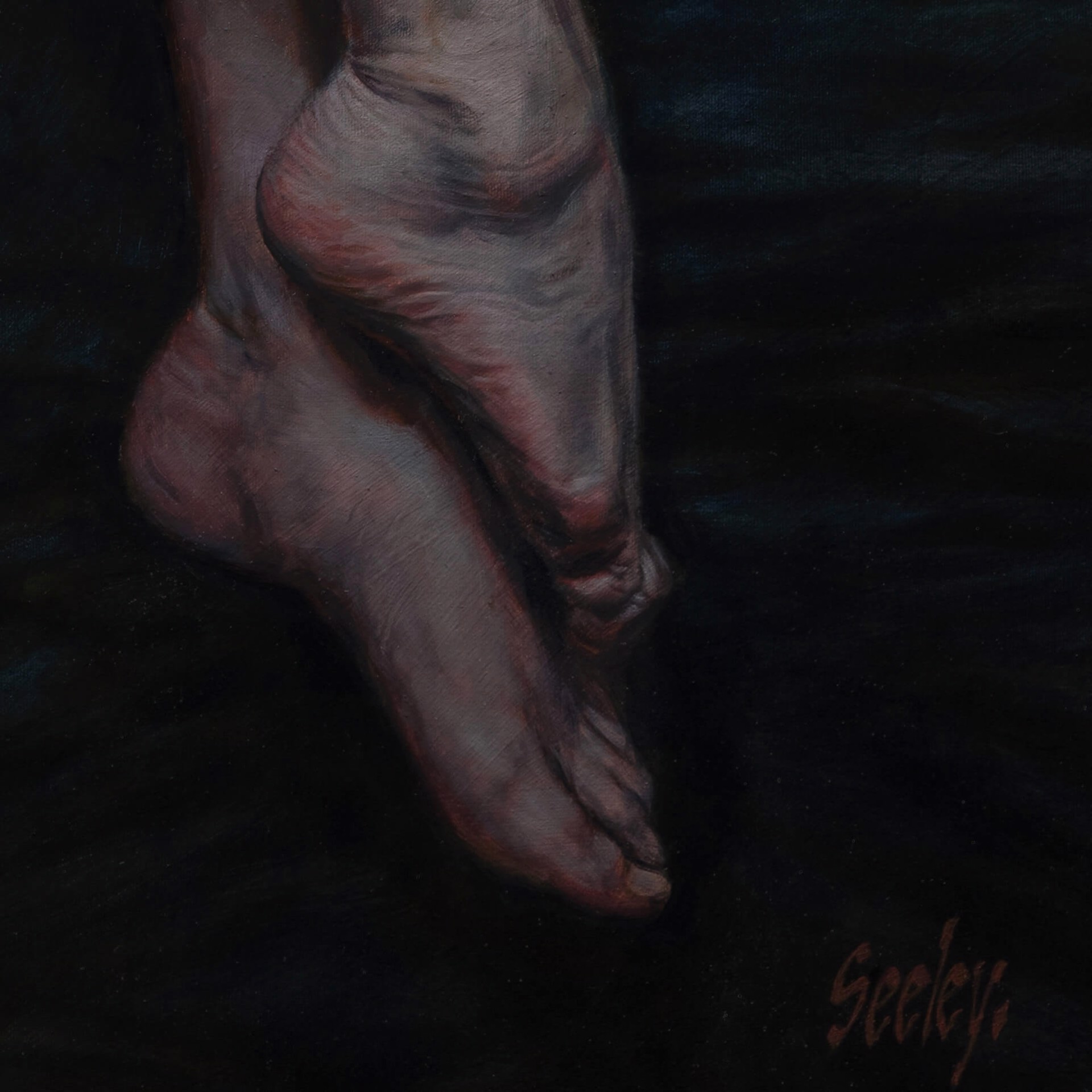 A painting of a woman laying on a bed covered in a sheet.