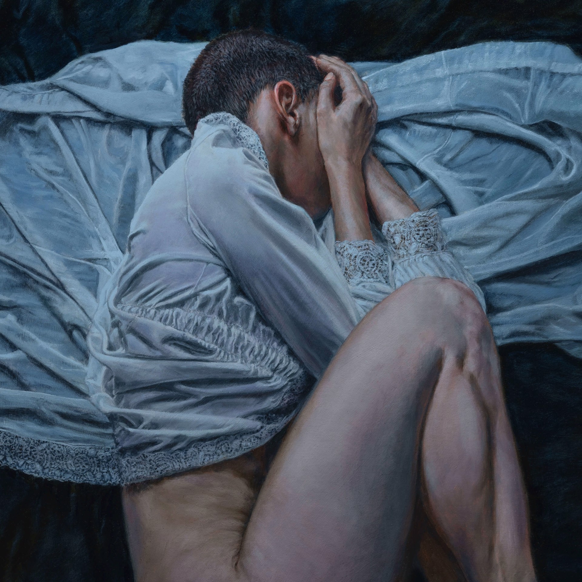A painting of a woman laying on a bed covered in a sheet.
