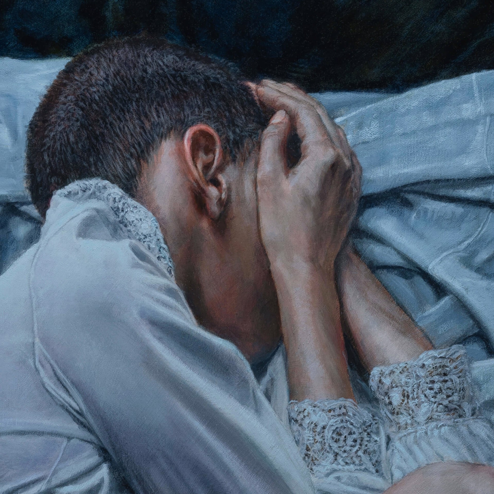 A painting of a woman laying on a bed covered in a sheet.