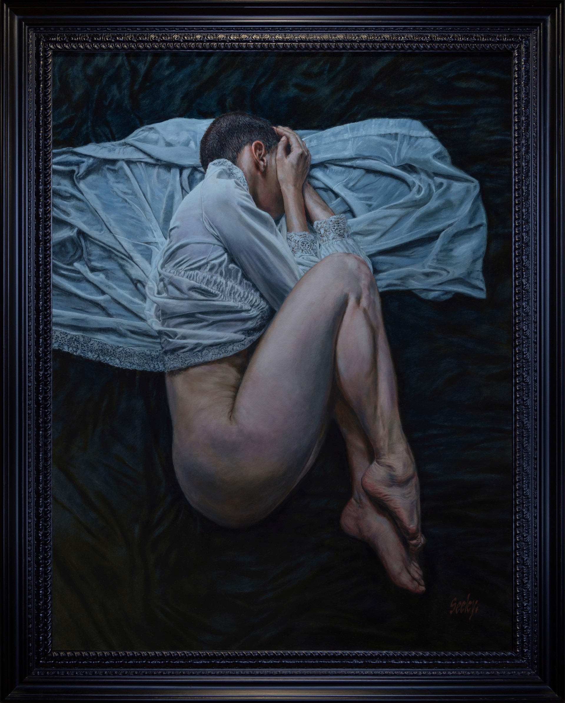 A painting of a woman laying on a bed covered in a sheet.