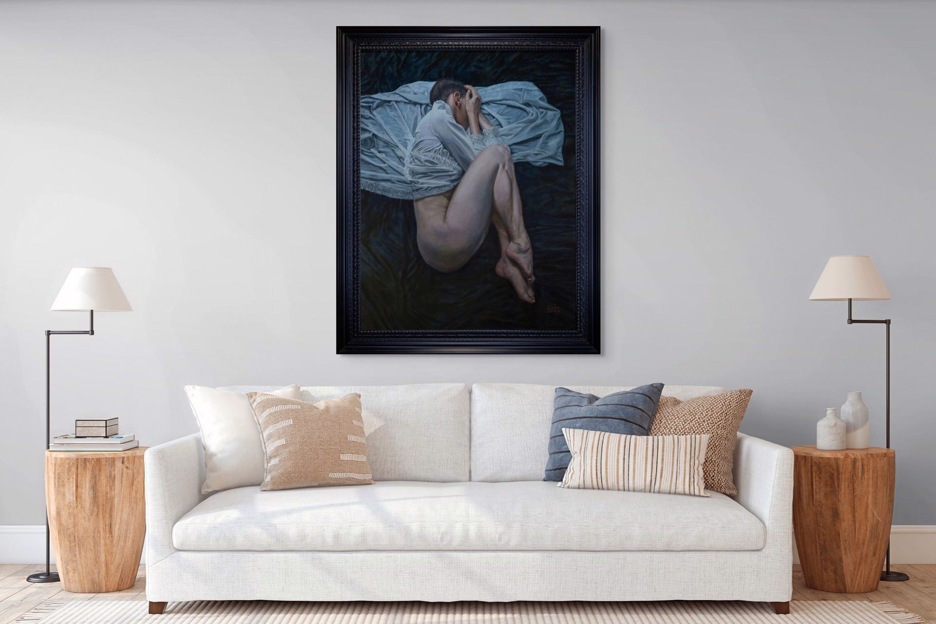 A painting of a woman laying on a bed covered in a sheet.