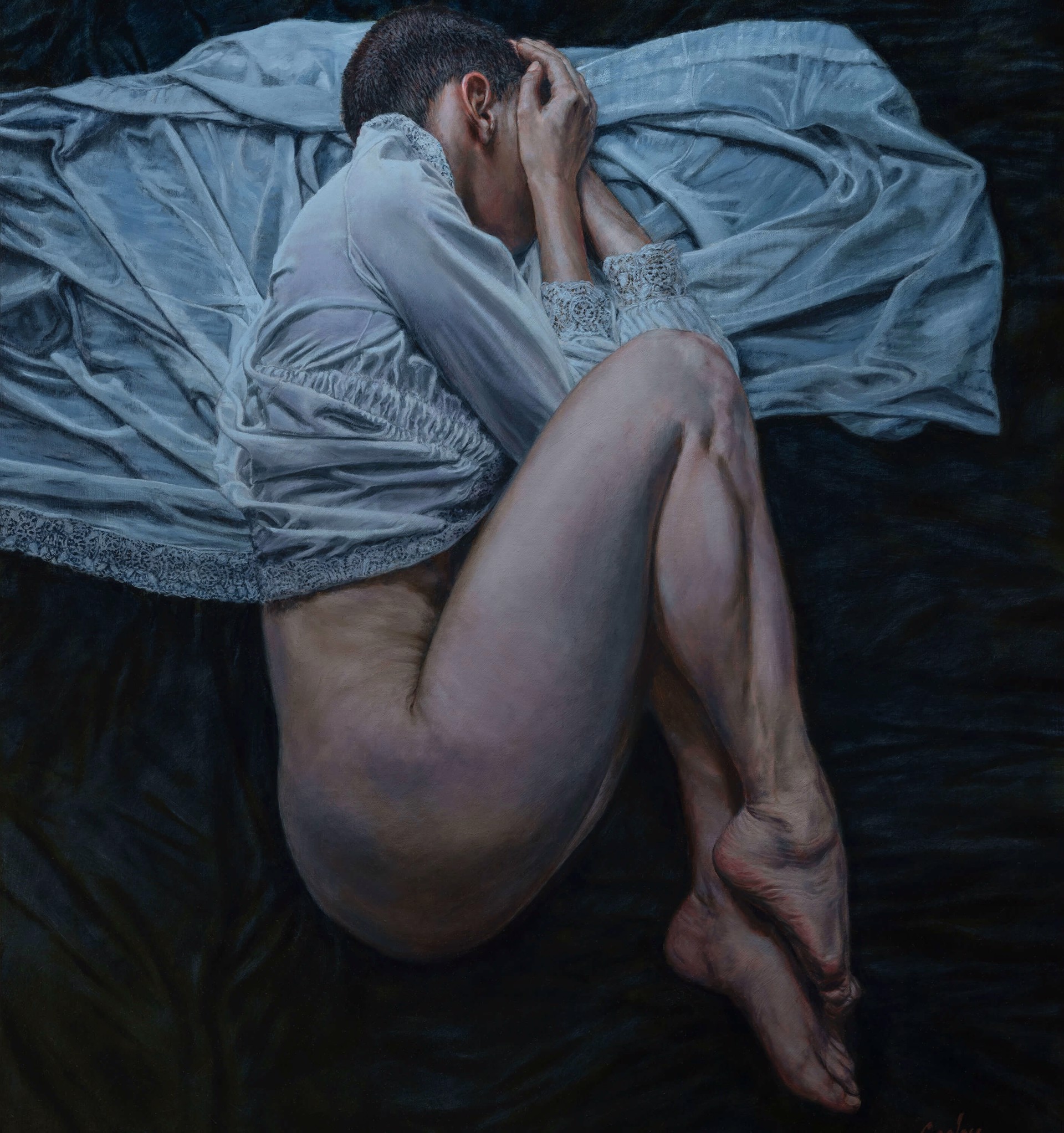 A painting of a woman laying on a bed covered in a sheet.
