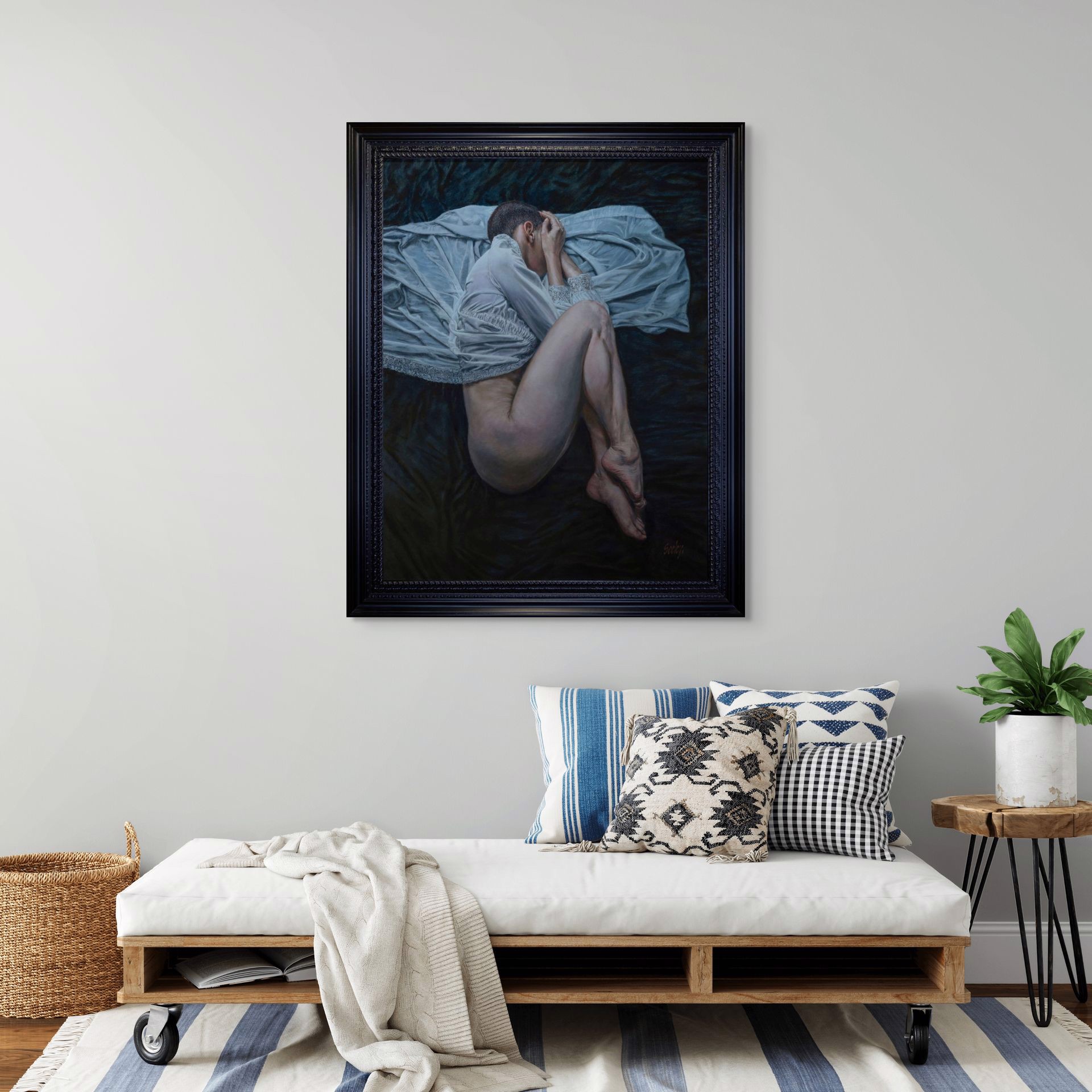 A painting of a woman laying on a bed covered in a sheet.