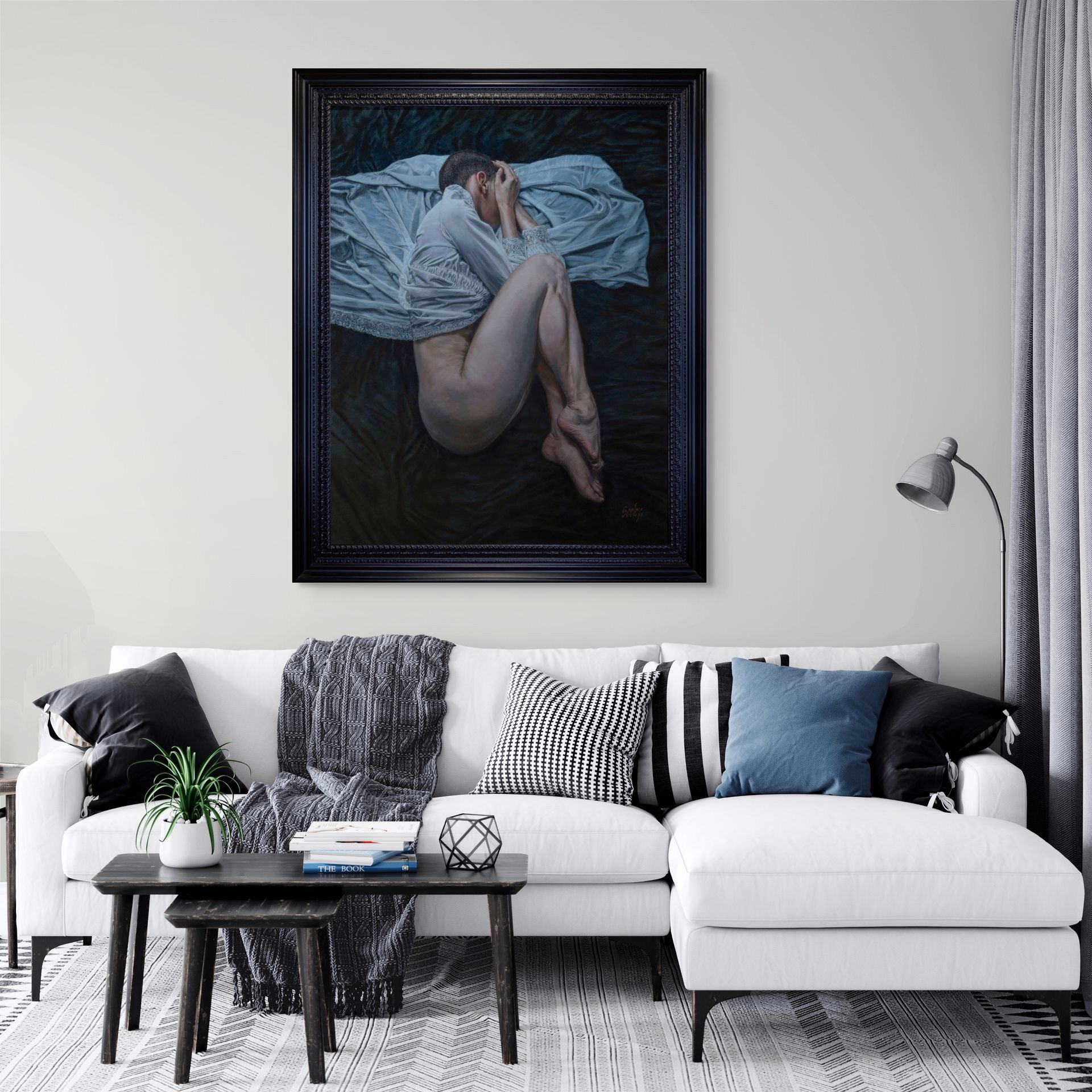 A painting of a woman laying on a bed covered in a sheet.