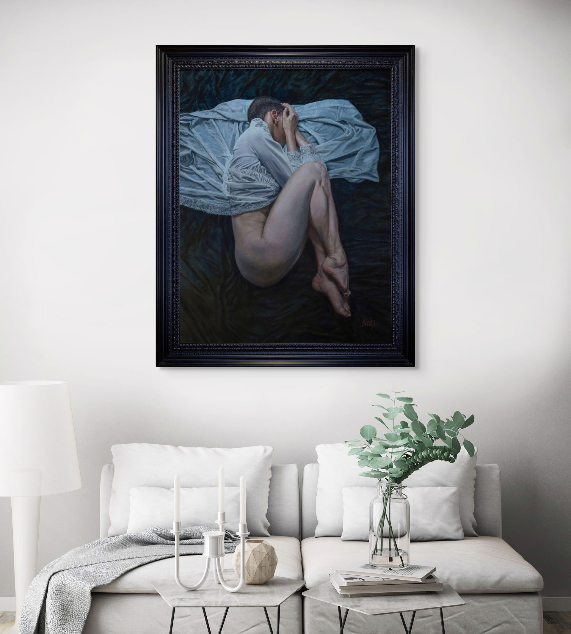 A painting of a woman laying on a bed covered in a sheet.