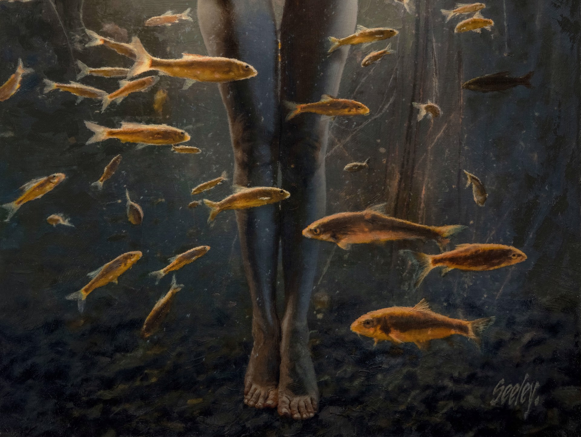 A painting of a naked woman standing in front of a group of fish.