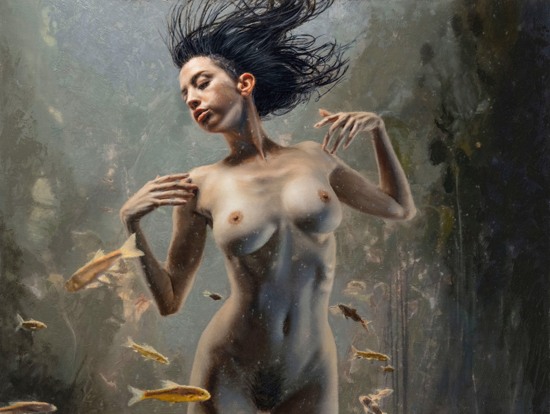 A painting of a naked woman standing in front of a group of fish.