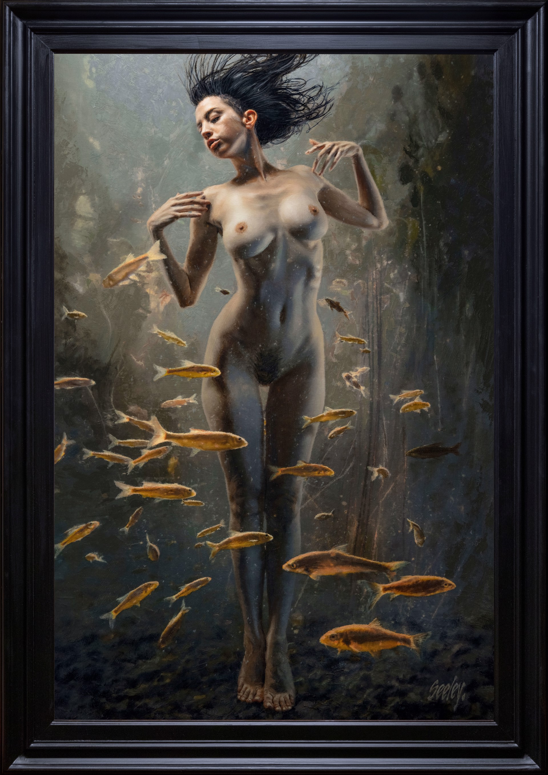 A painting of a naked woman standing in front of a group of fish.