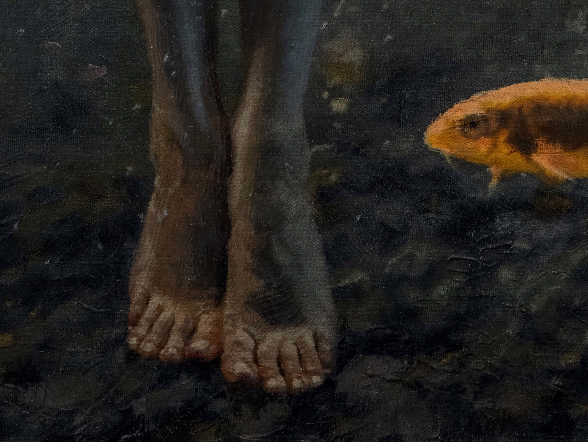A painting of a naked woman standing in front of a group of fish.